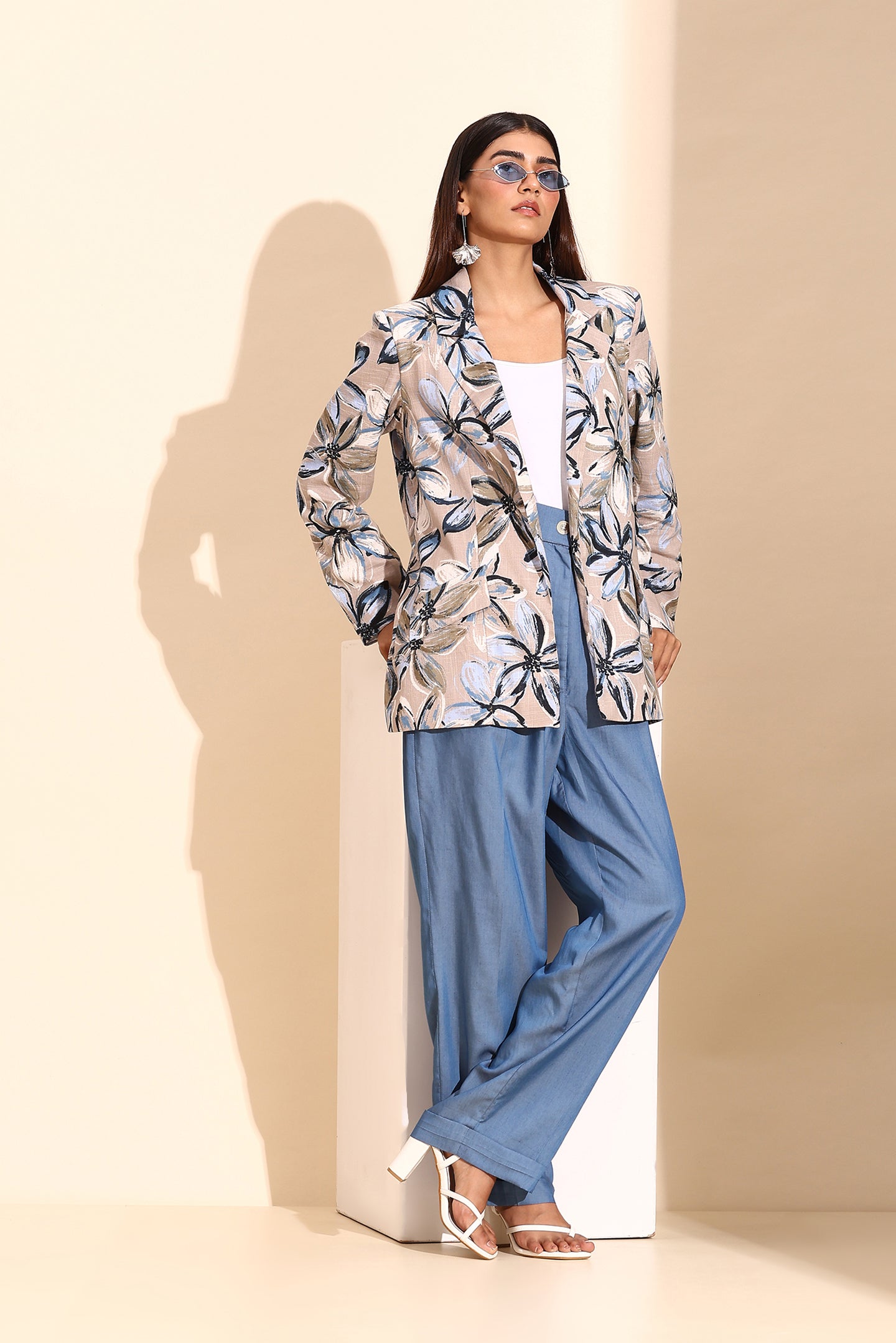 Floral Printed Cotton Linen Blazer