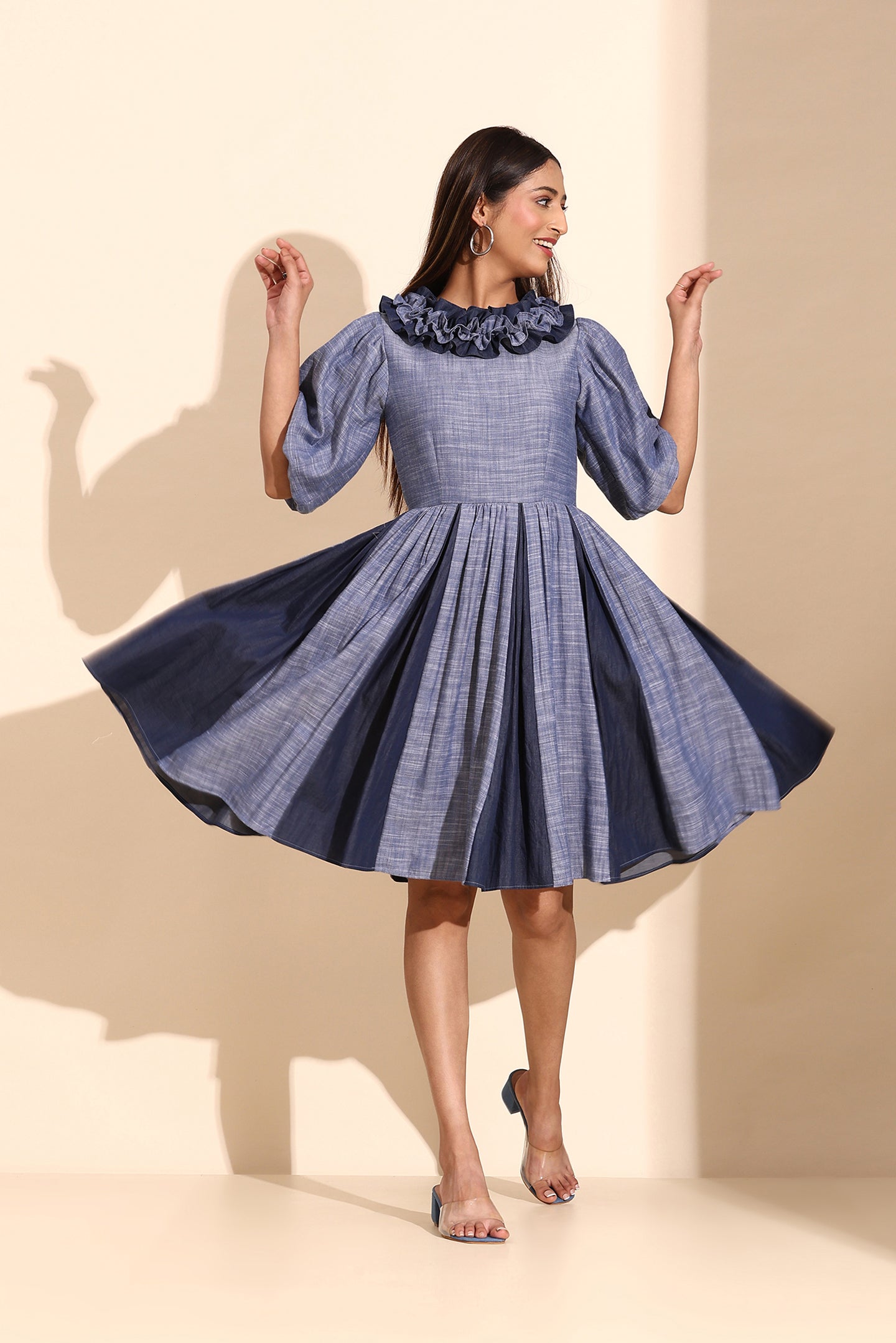 Slate Blue Cotton Linen Short Dress