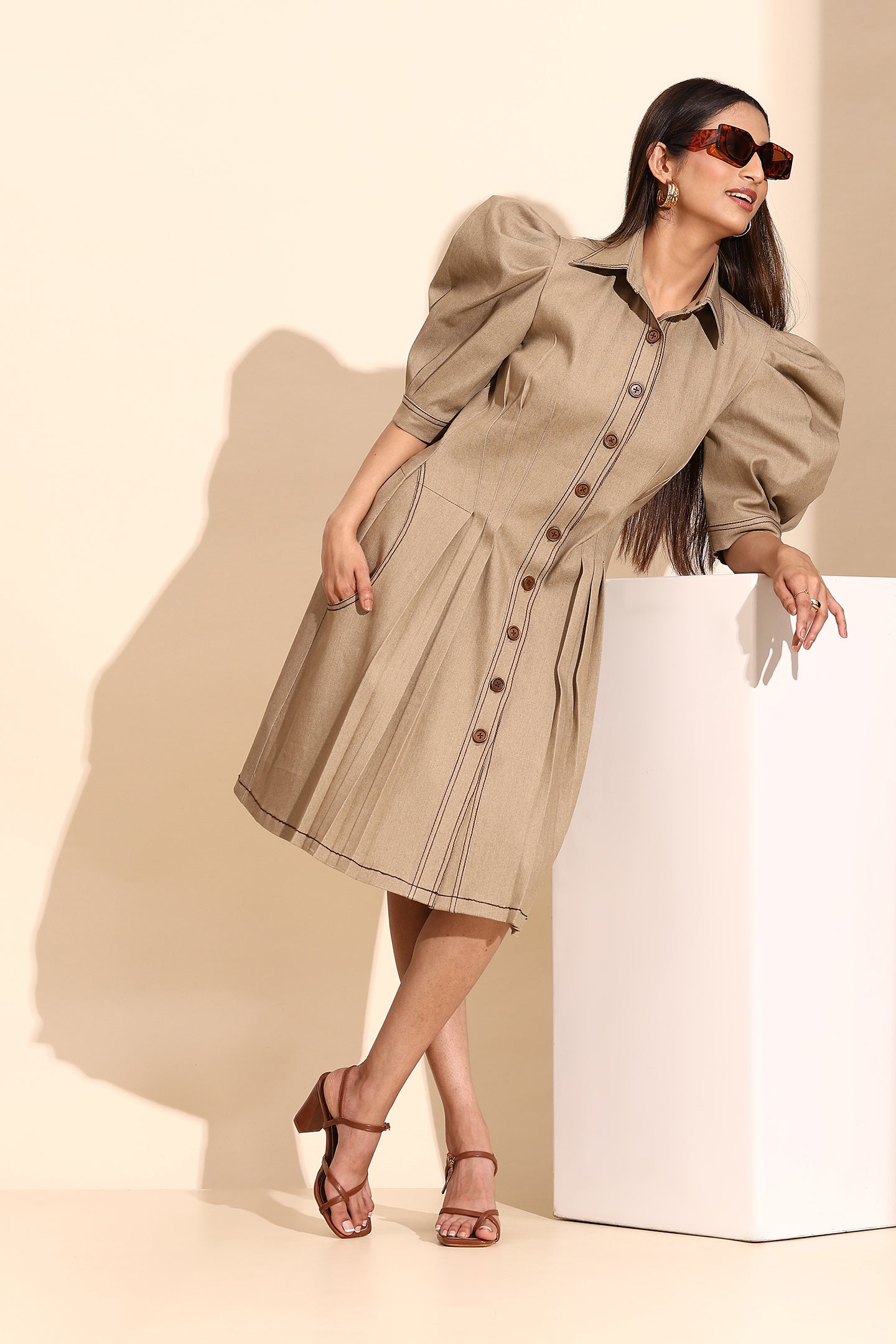 Beige Denim Pleated Short Dress