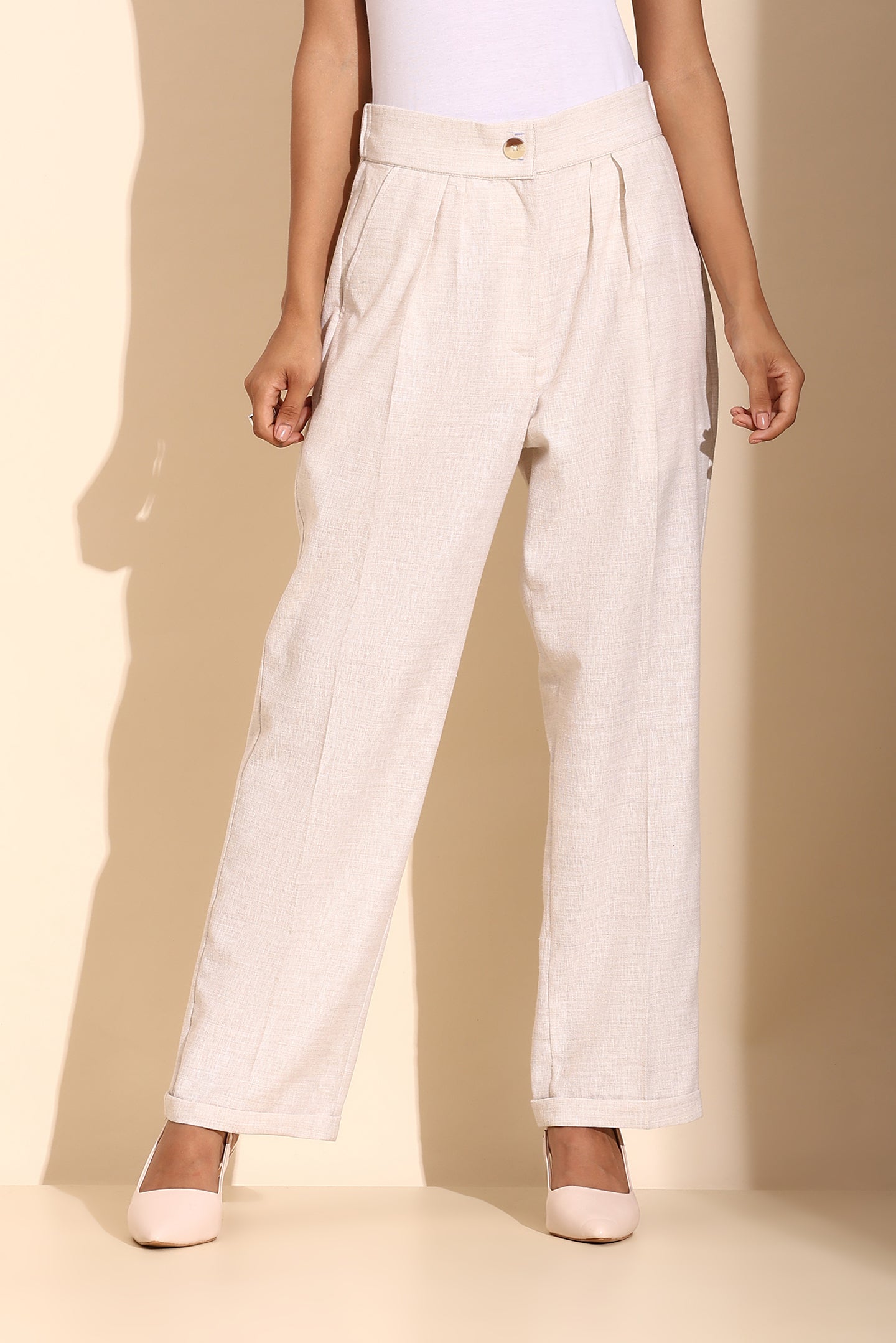 Ivory Linen Blend Tailored Trousers