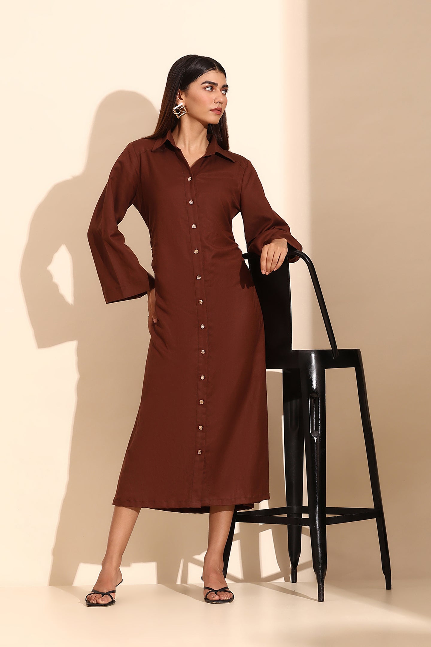 Mocha Flow Linen Shirt Dress