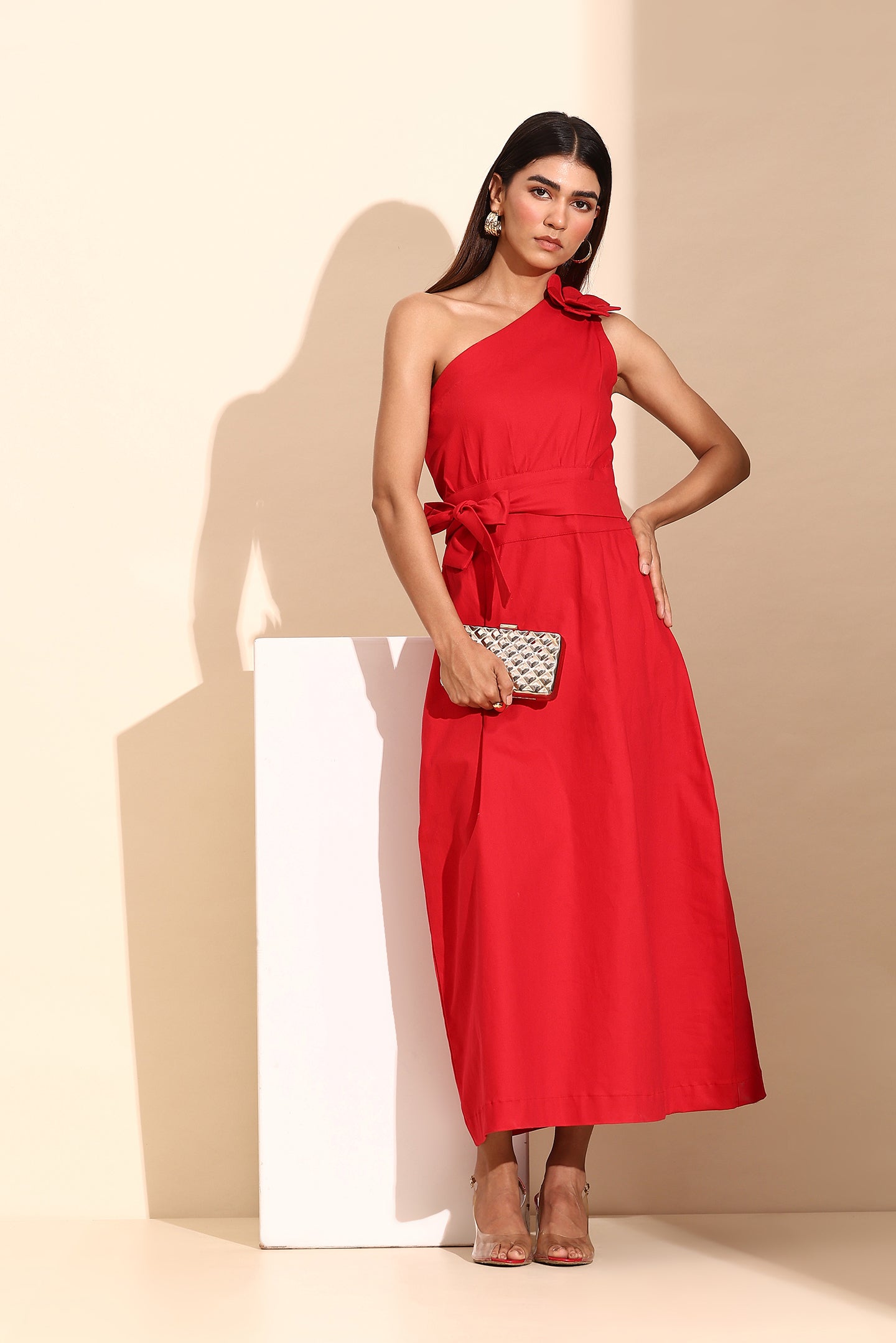 Ruby Red Elegance Belted Evening Dress