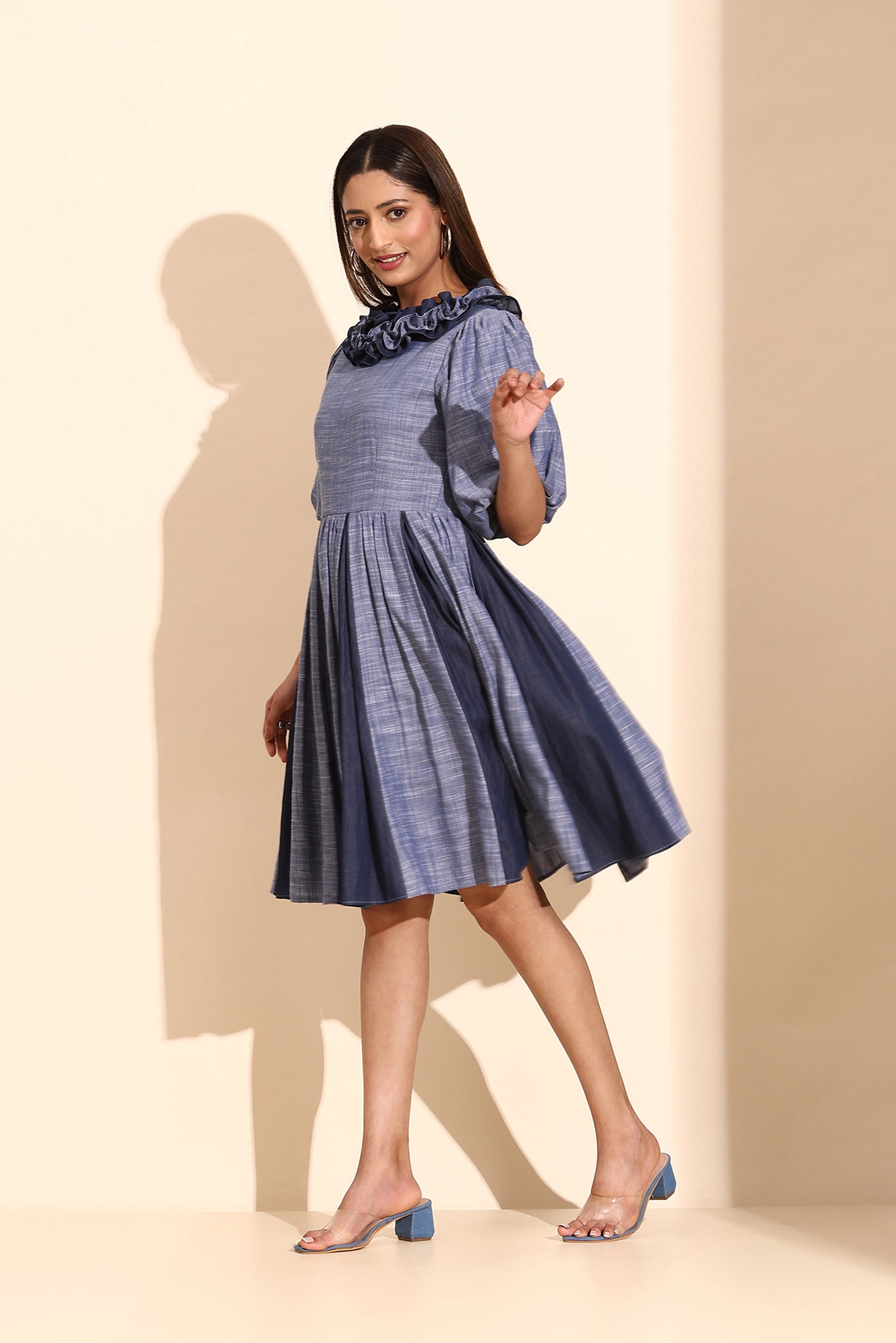 Slate Blue Cotton Linen Short Dress