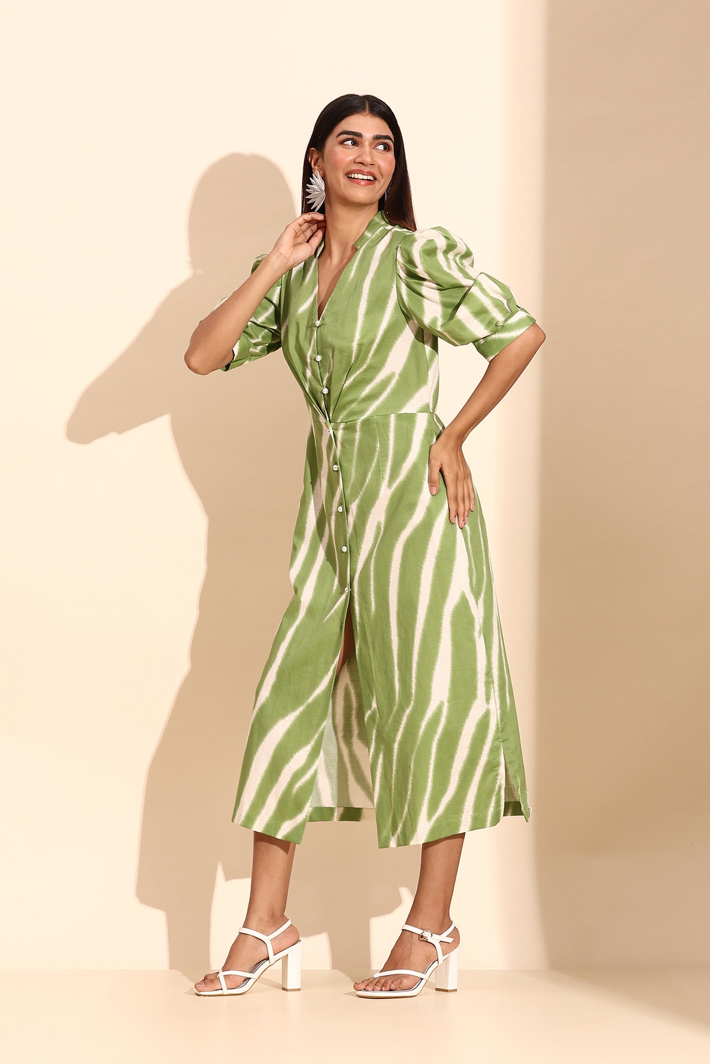 Green & White Long Dress