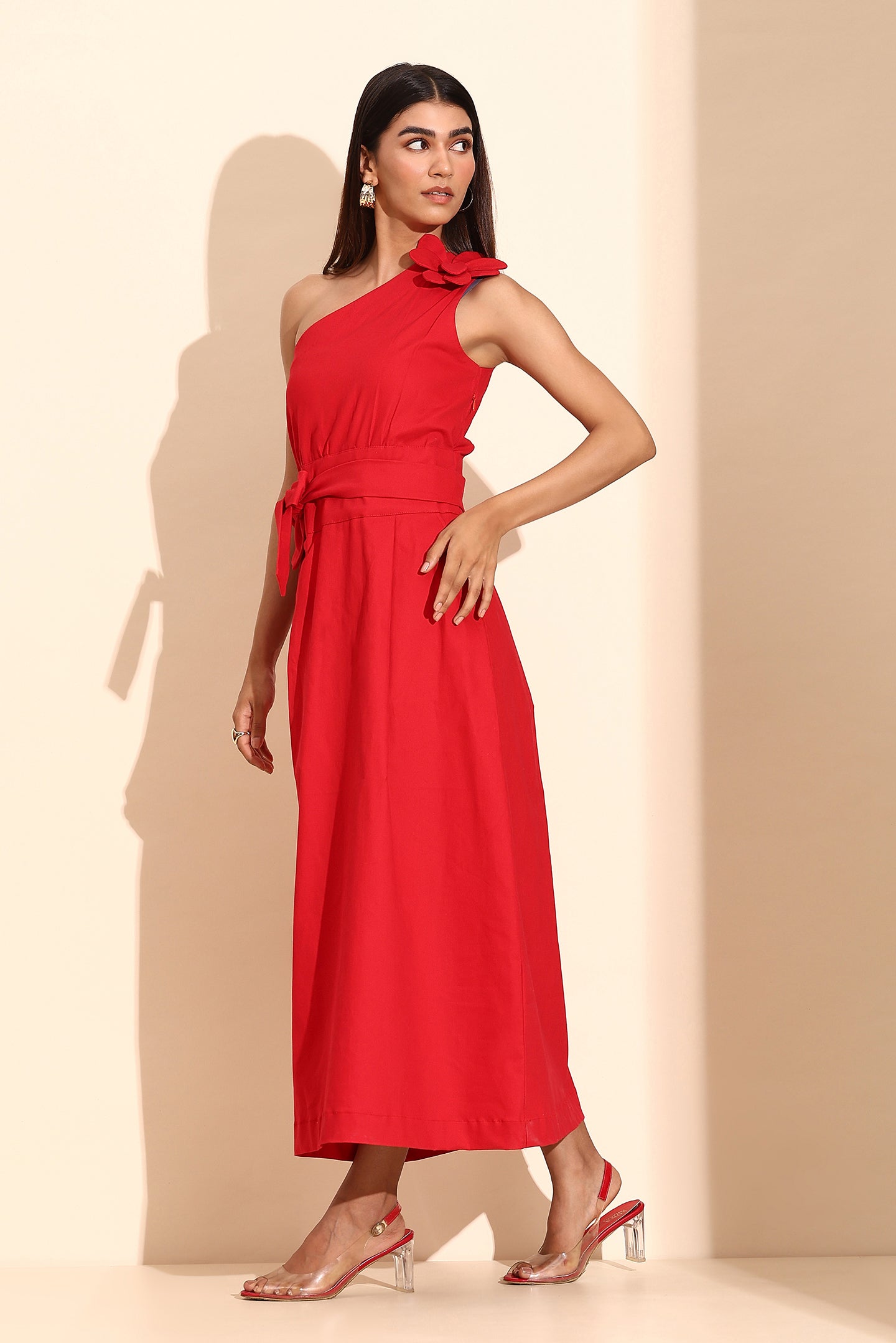 Ruby Red Elegance Belted Evening Dress