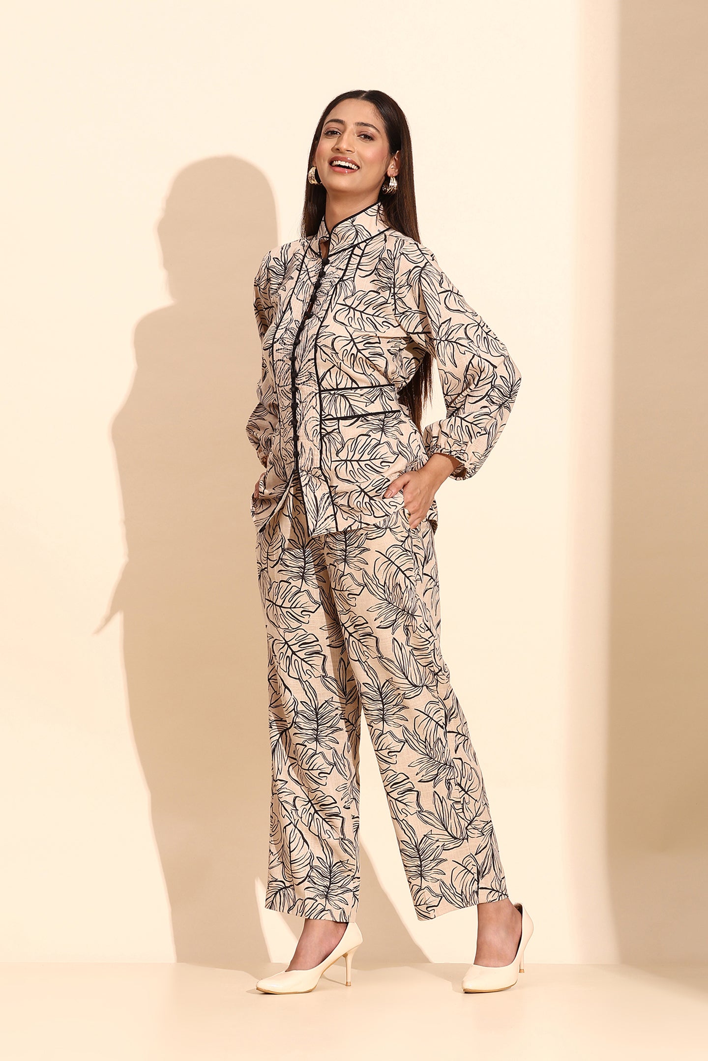 Beige With Black Abstract Print tailored Coord Set