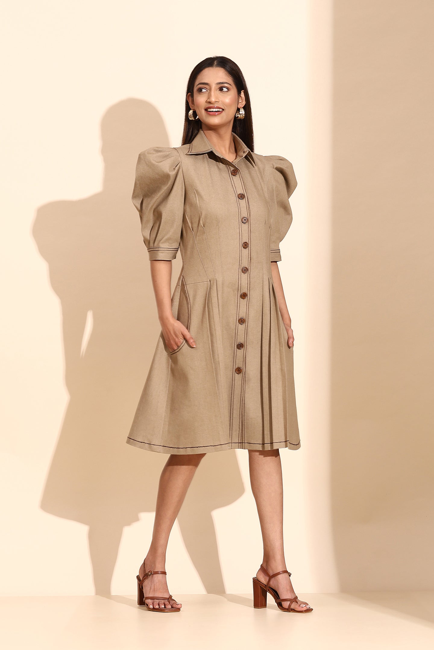 Beige Denim Pleated Short Dress