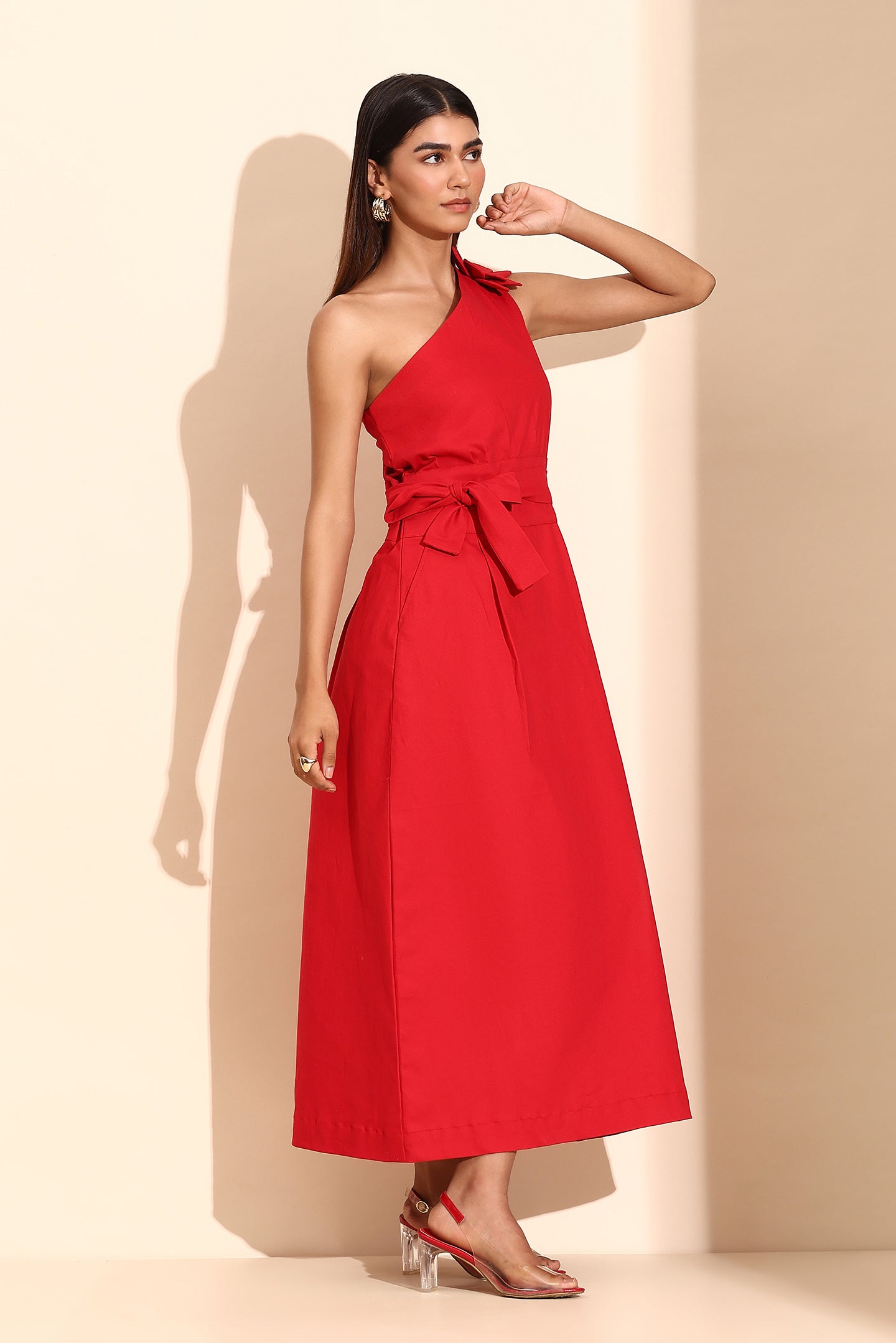 Ruby Red Elegance Belted Evening Dress