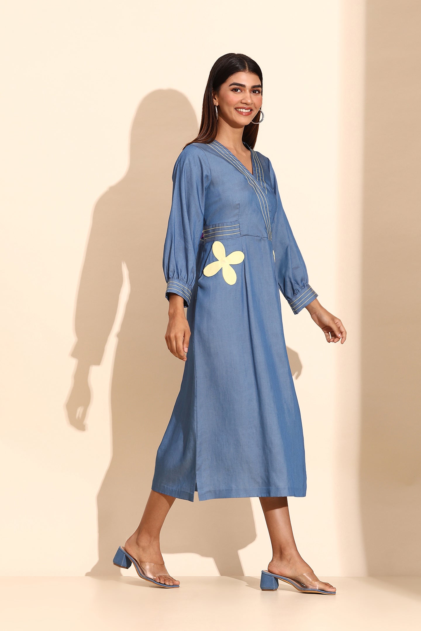 Blue Tencel Appliqué Midi Dress