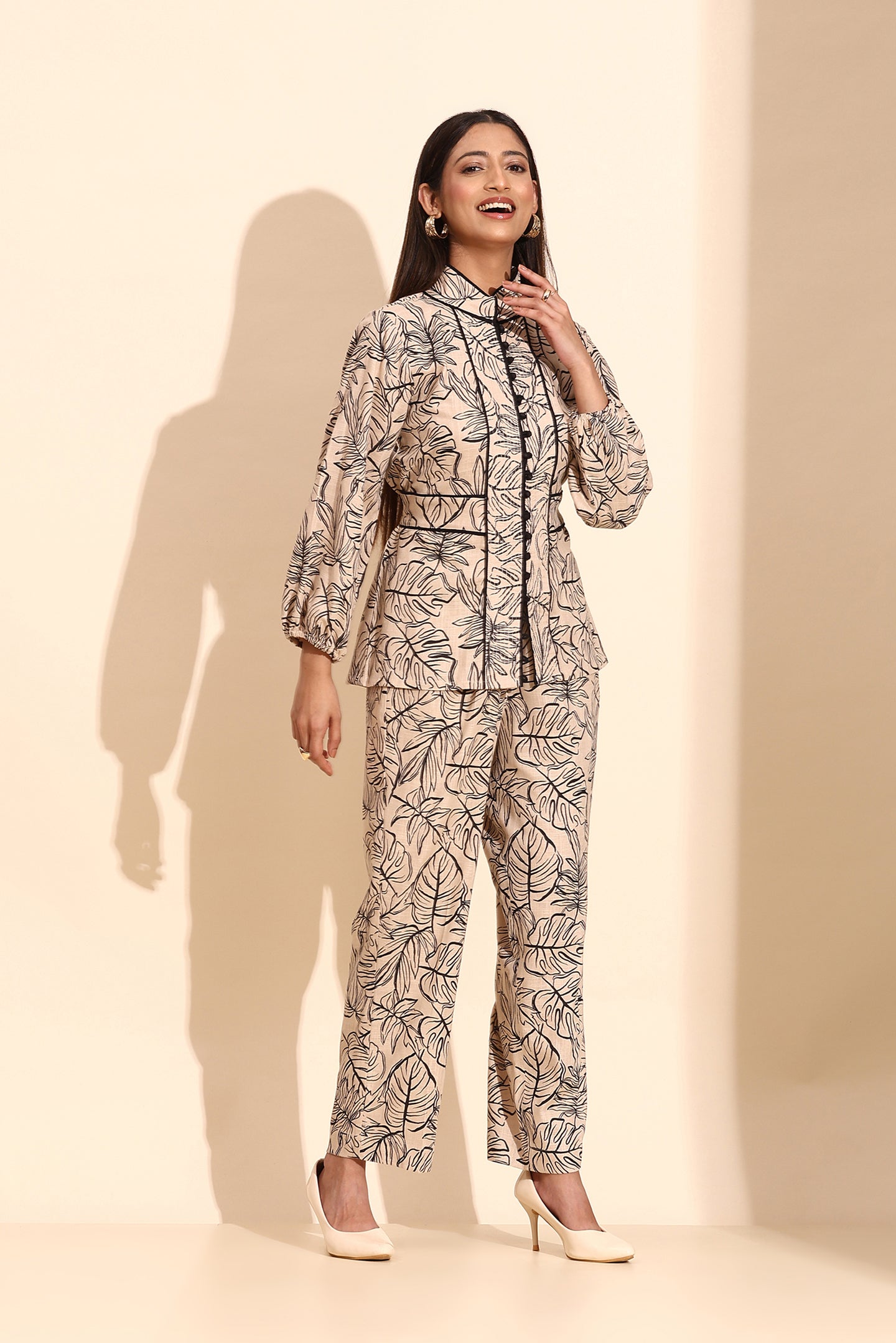 Beige With Black Abstract Print tailored Coord Set