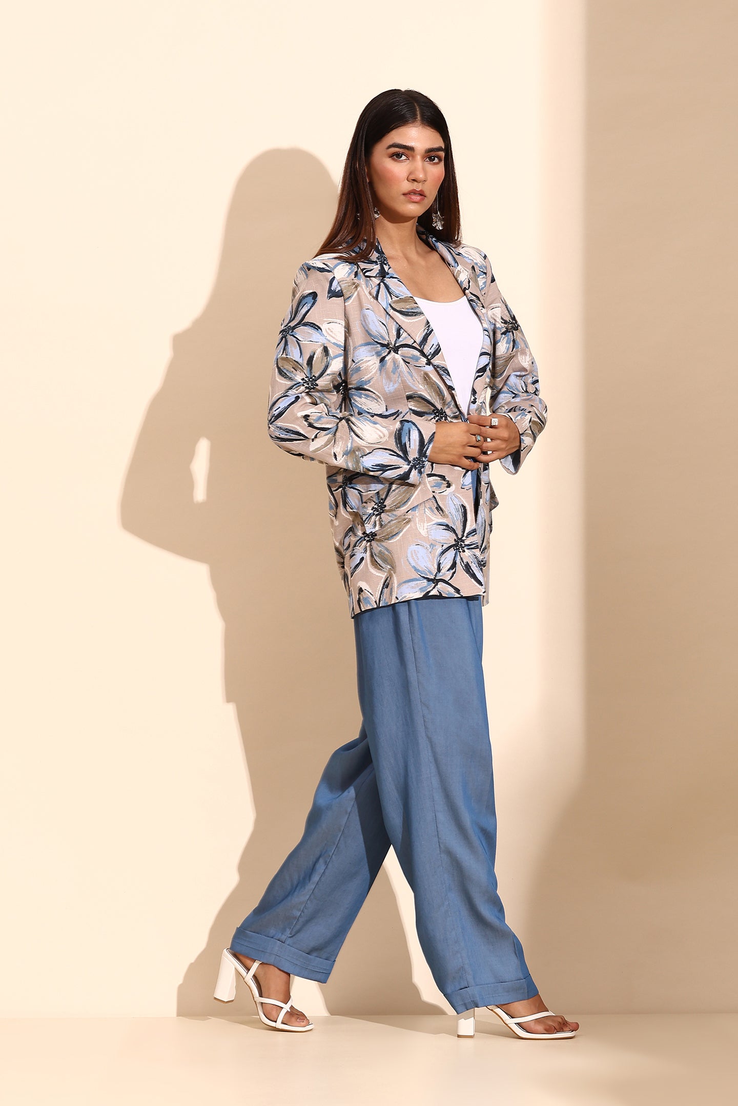 Floral Printed Cotton Linen Blazer