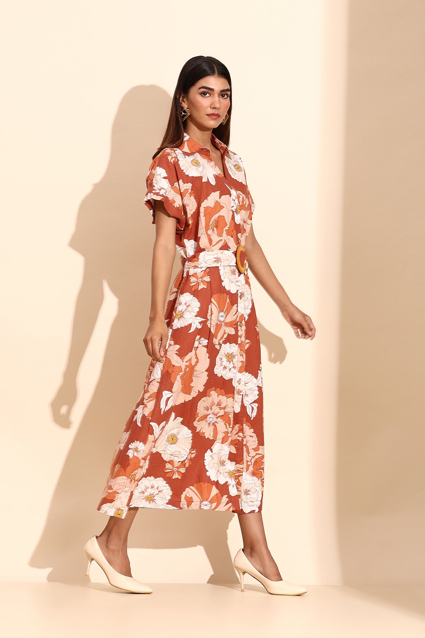 Earthy Floral Belted Shirt Dress
