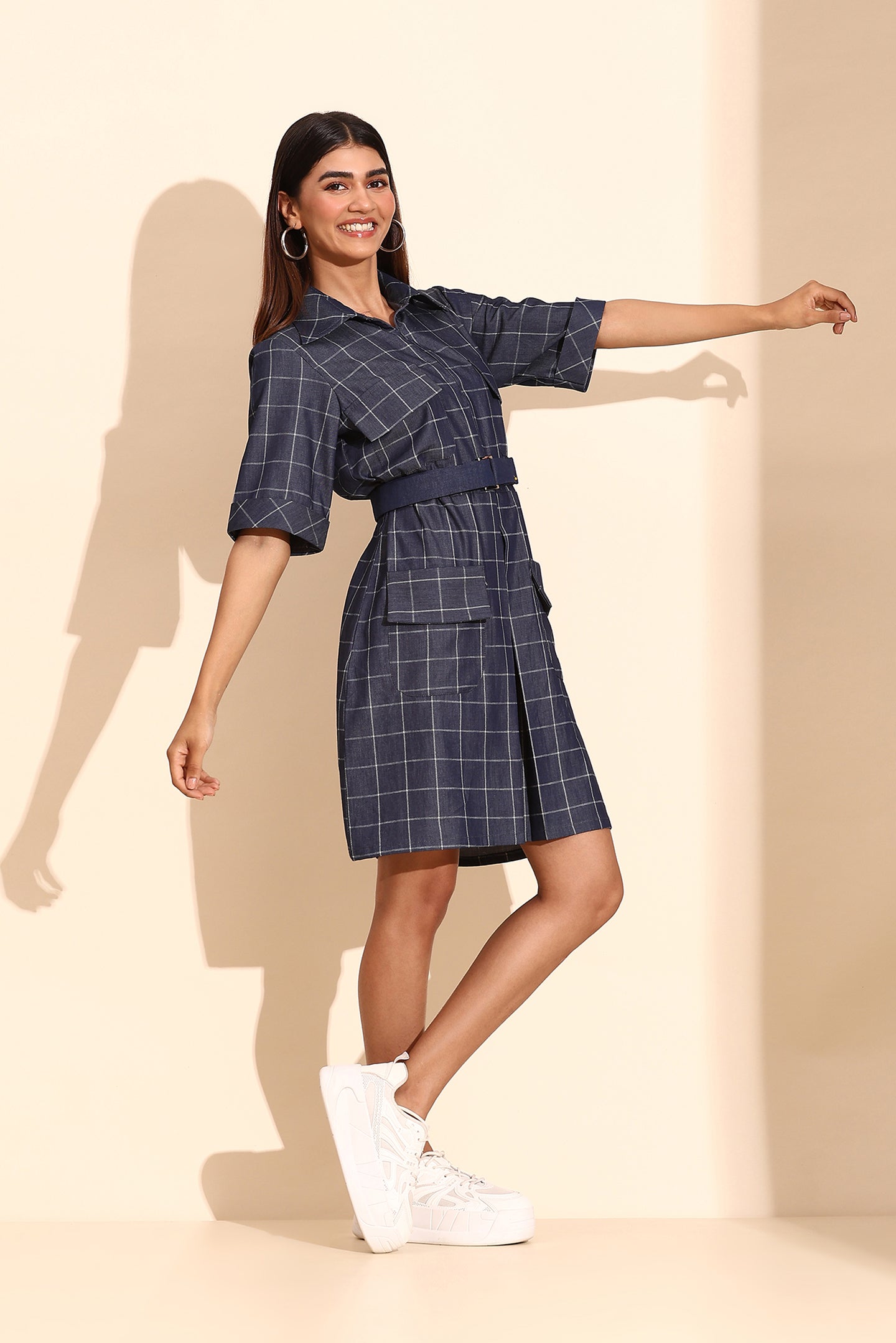 Navy Check Denim Short Dress