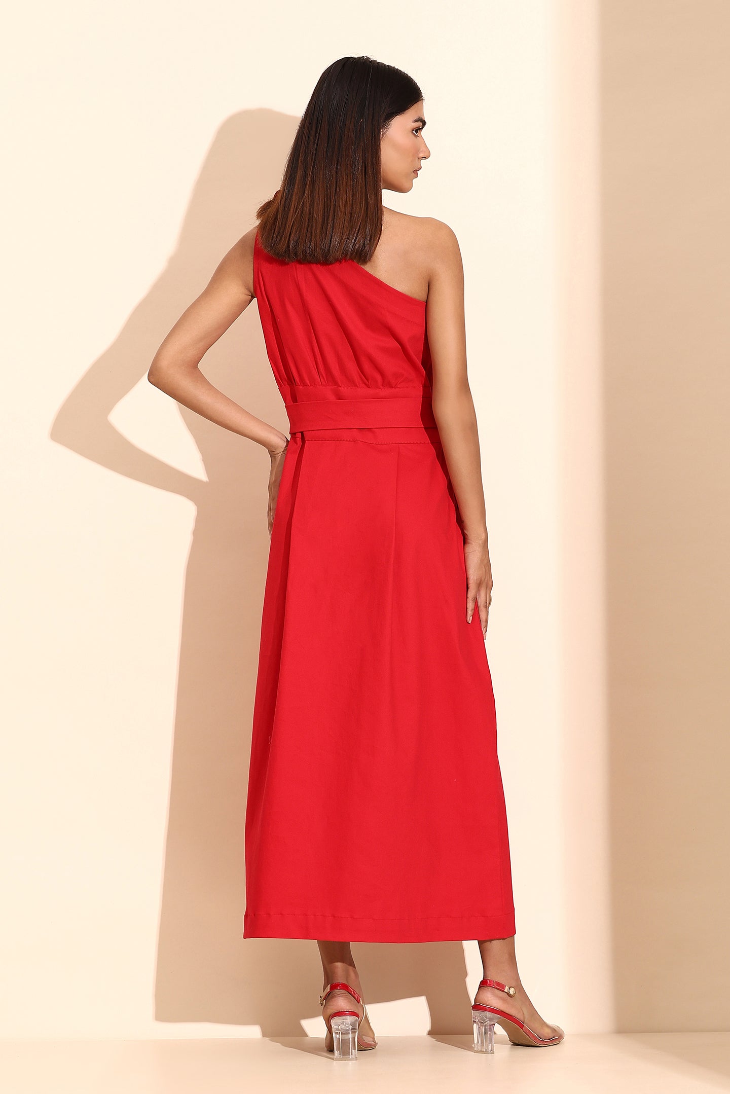 Ruby Red Elegance Belted Evening Dress