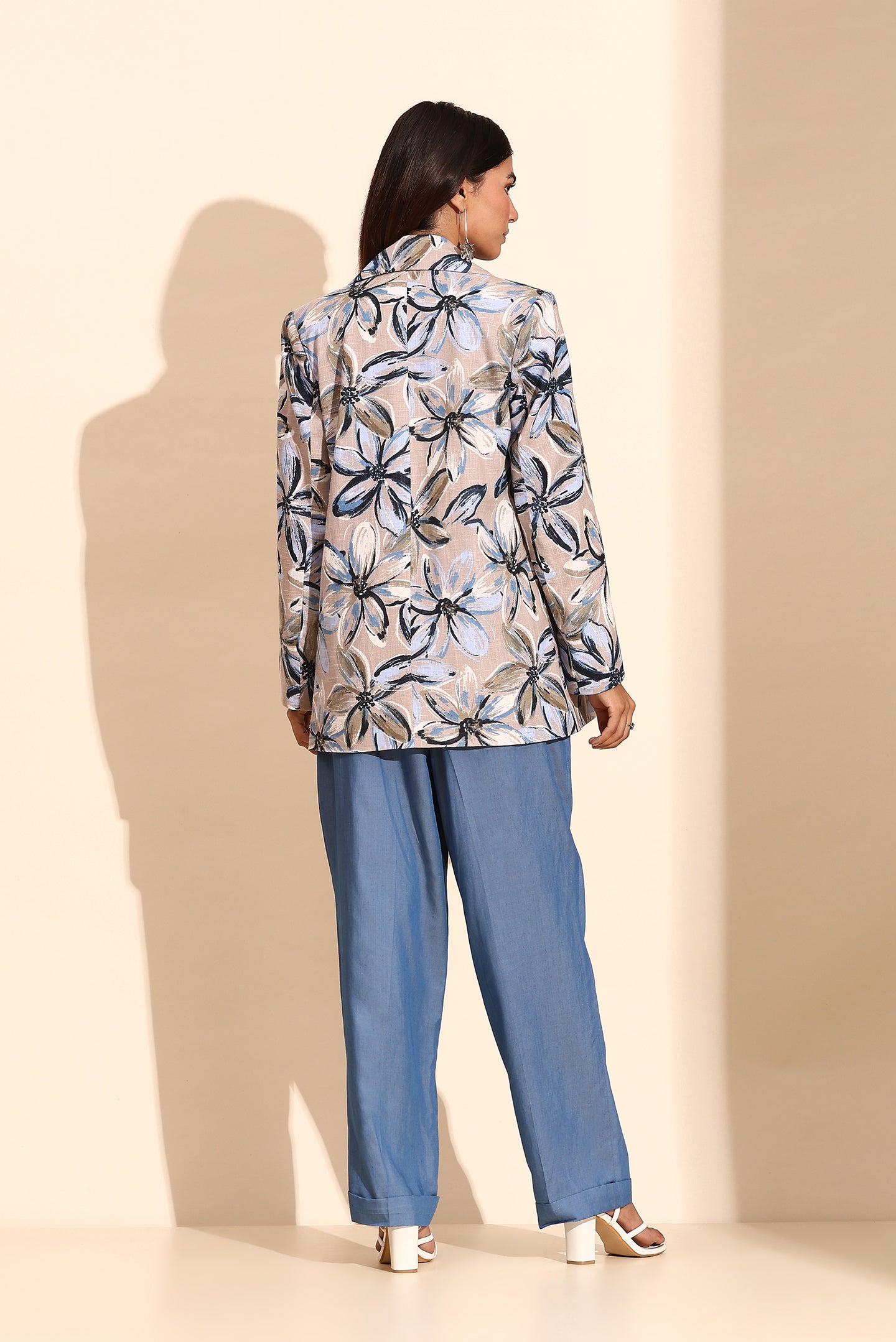 Floral Printed Cotton Linen Blazer