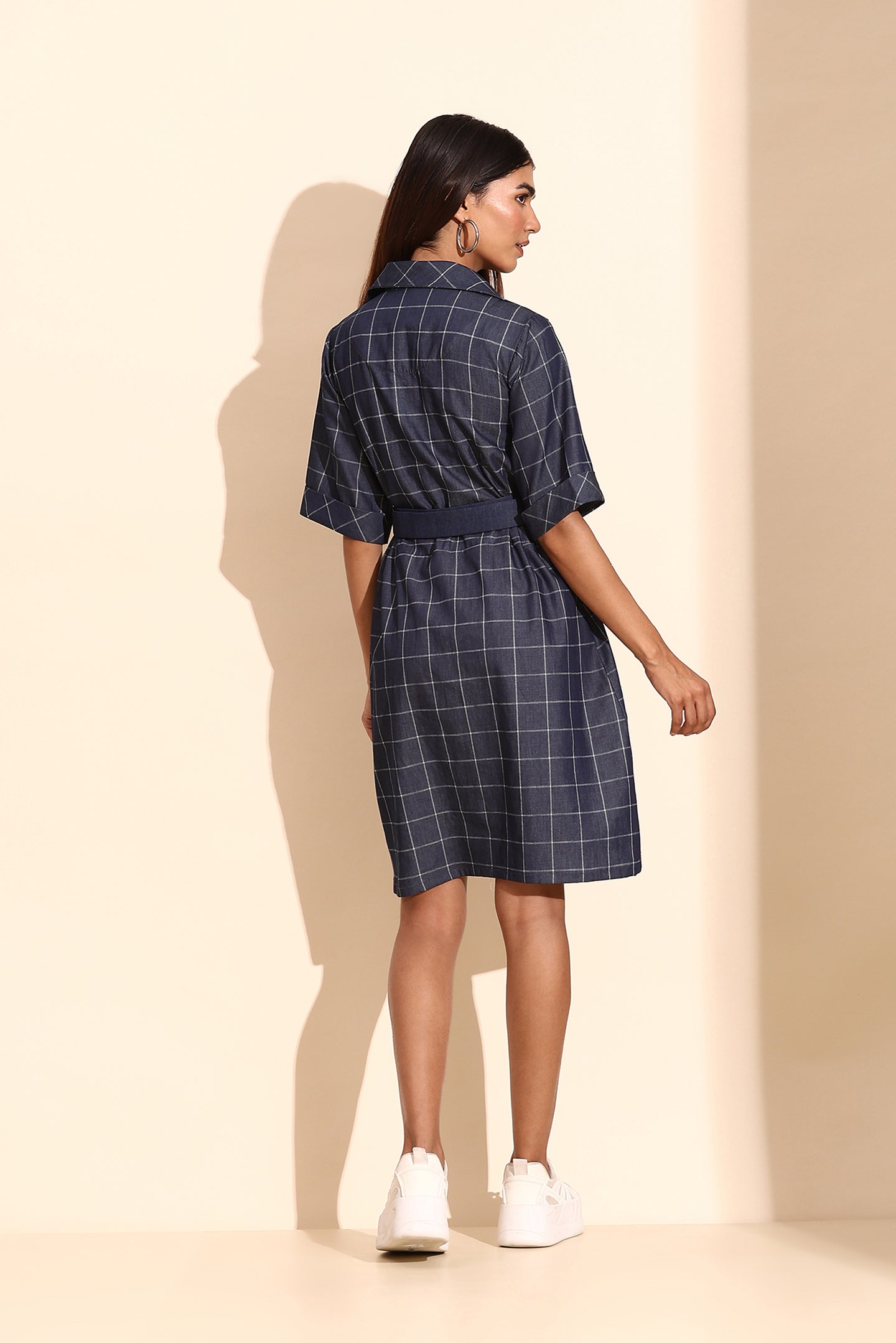 Navy Check Denim Short Dress