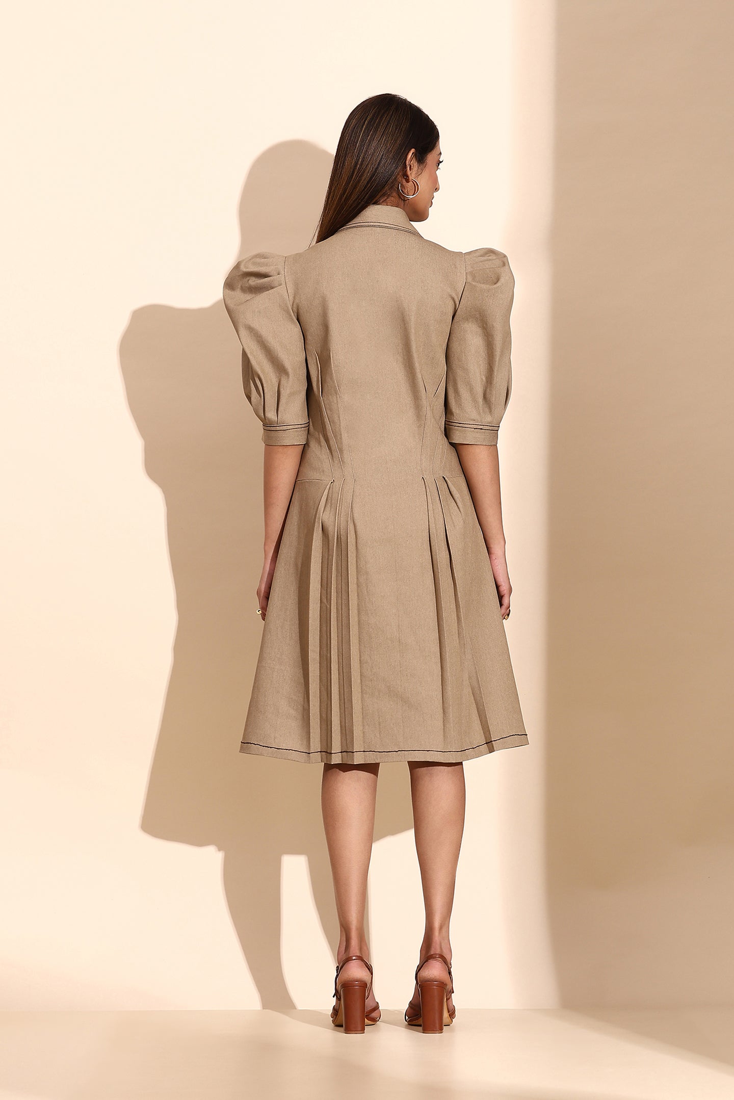 Beige Denim Pleated Short Dress