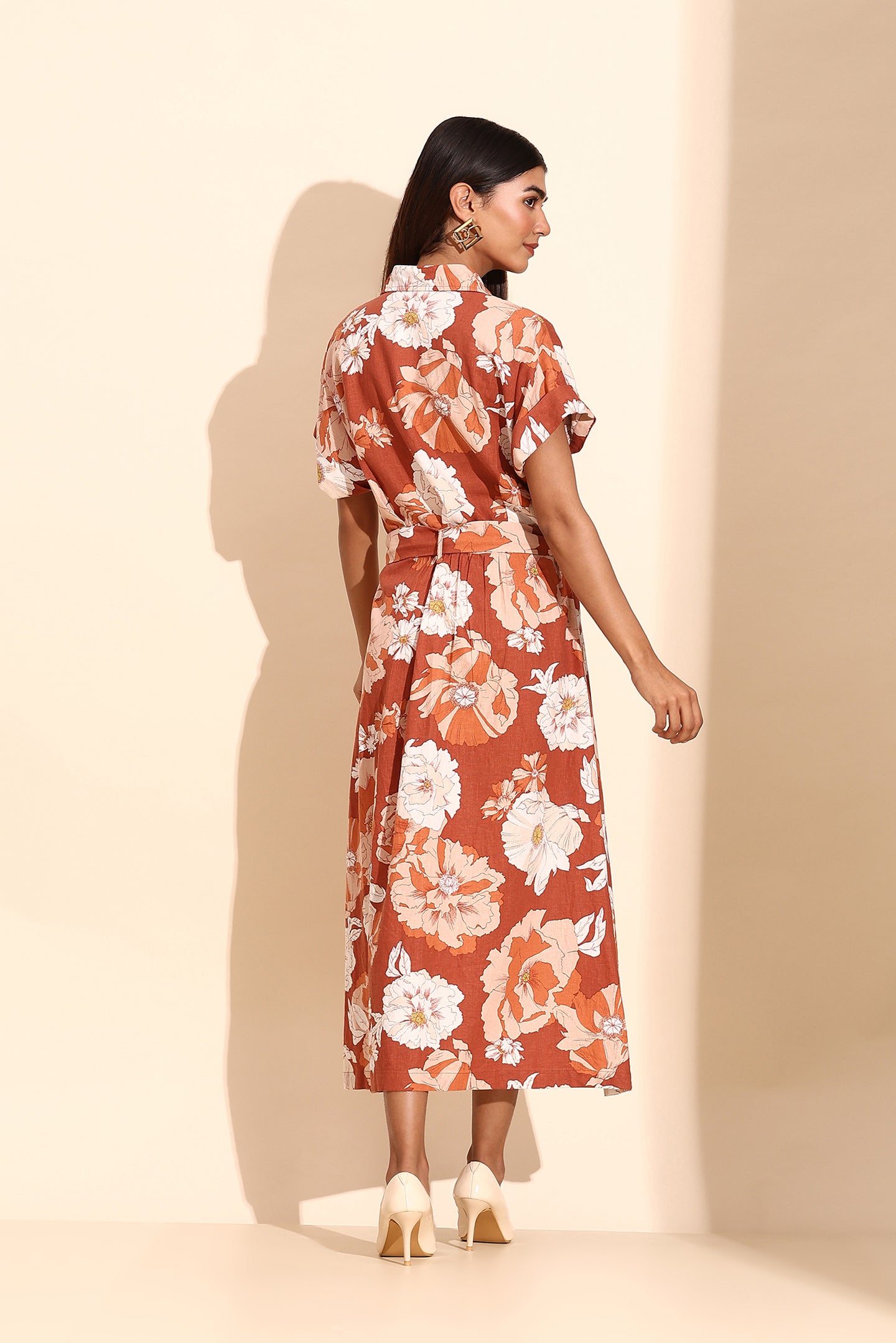Earthy Floral Belted Shirt Dress