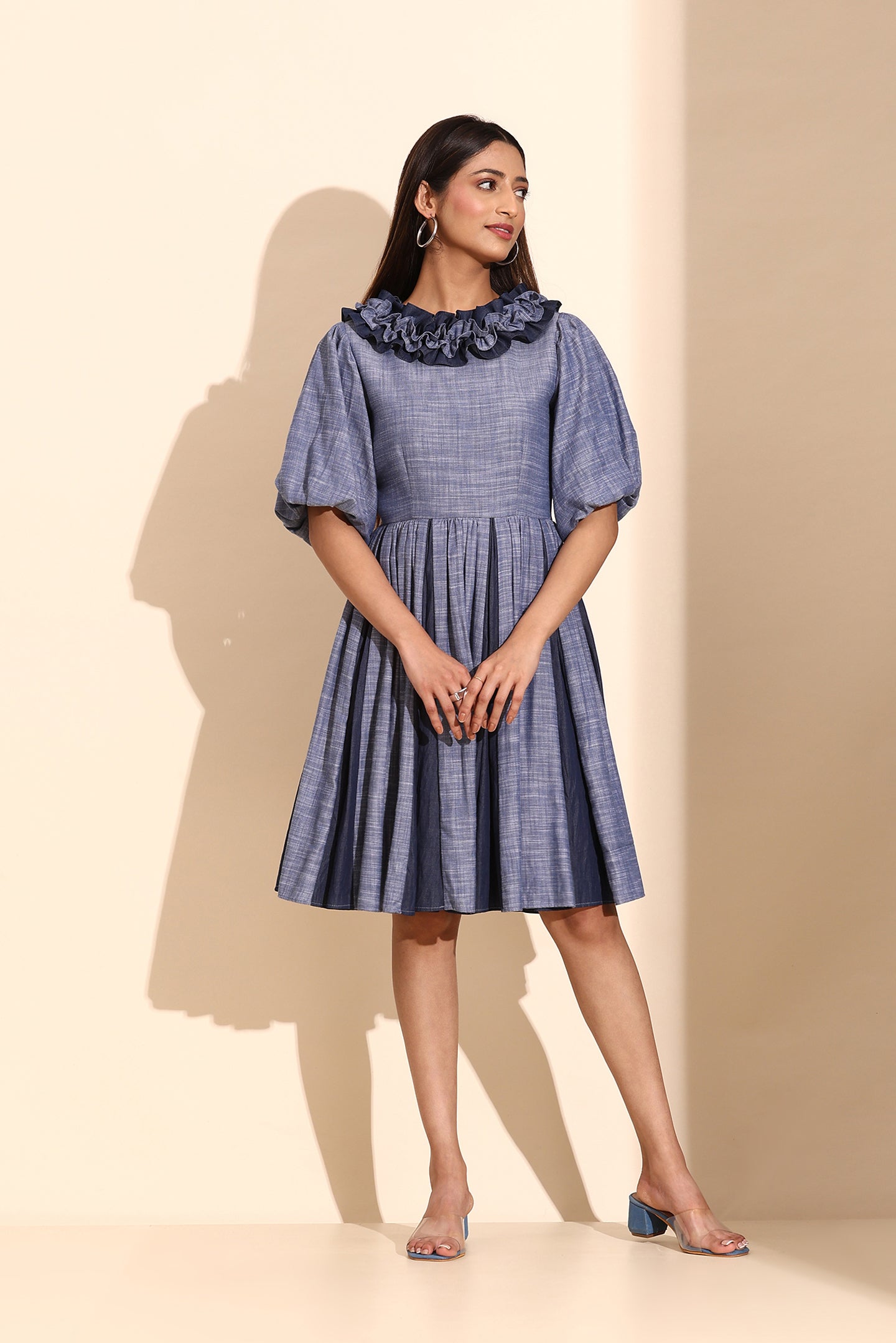 Slate Blue Cotton Linen Short Dress