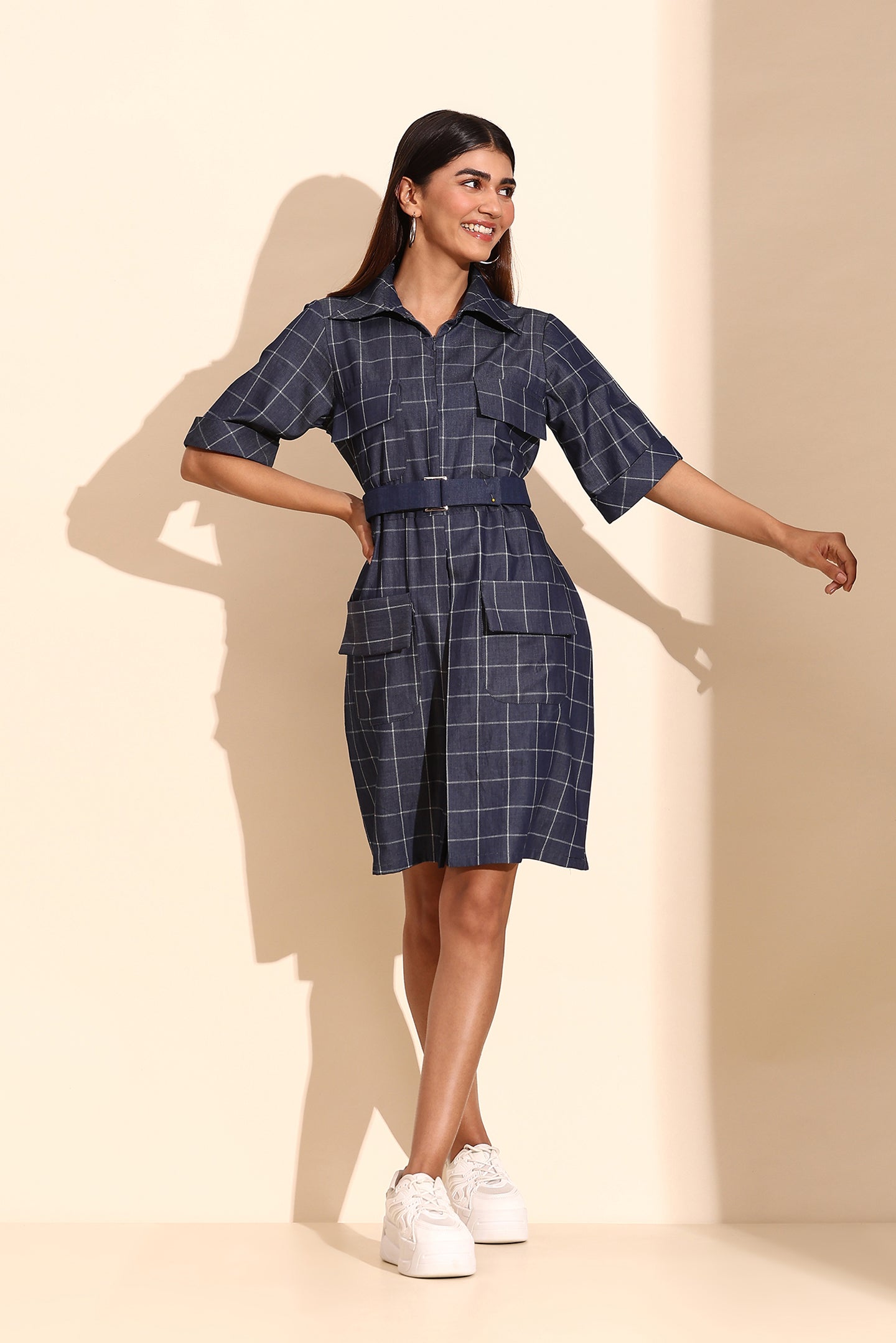 Navy Check Denim Short Dress