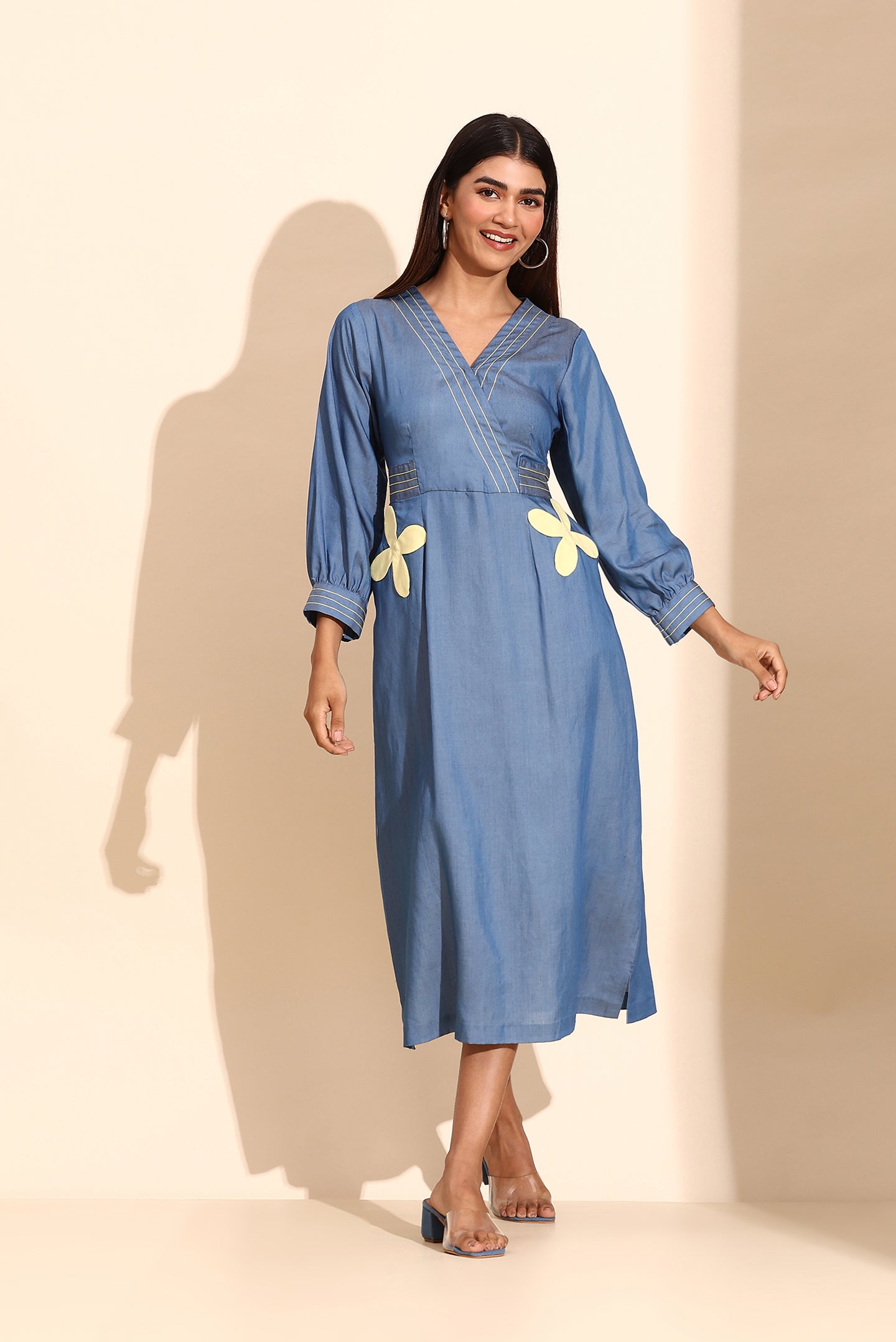 Blue Tencel Appliqué Midi Dress