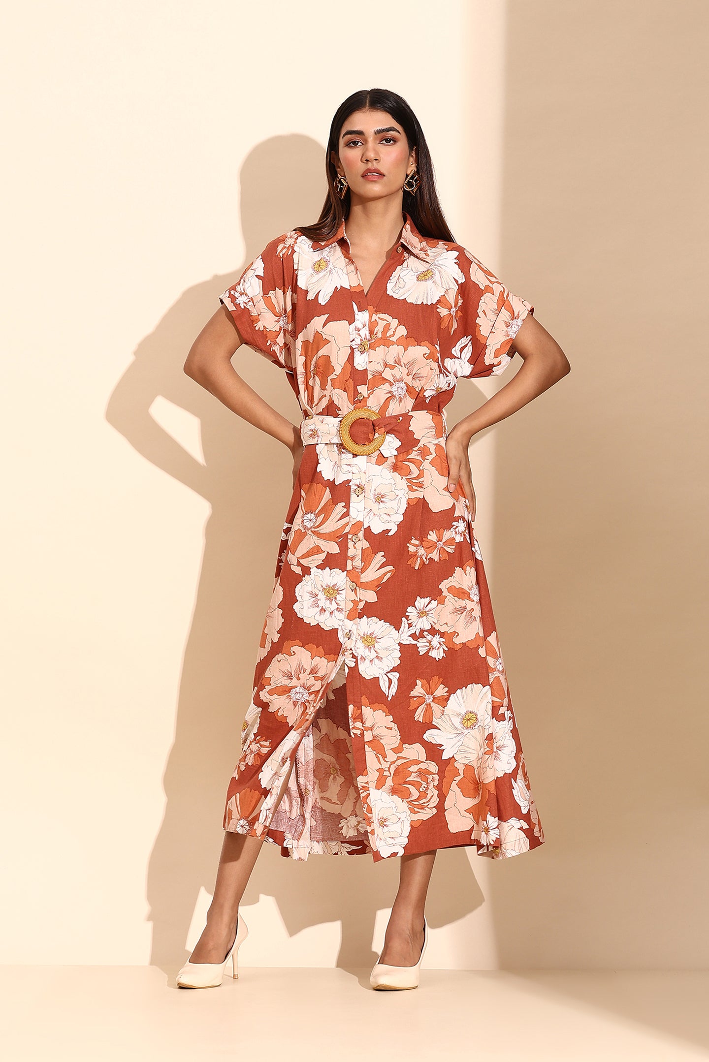 Earthy Floral Belted Shirt Dress