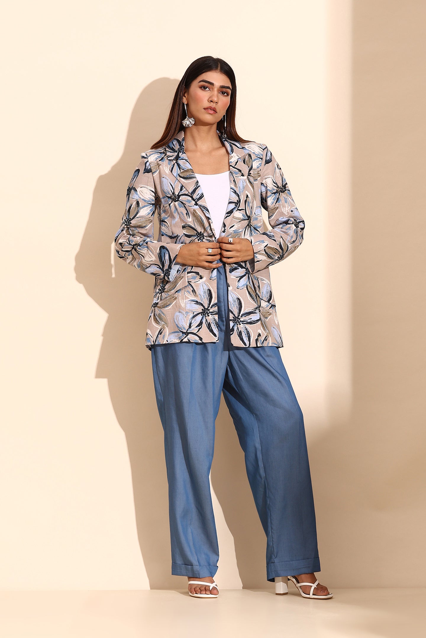 Floral Printed Cotton Linen Blazer