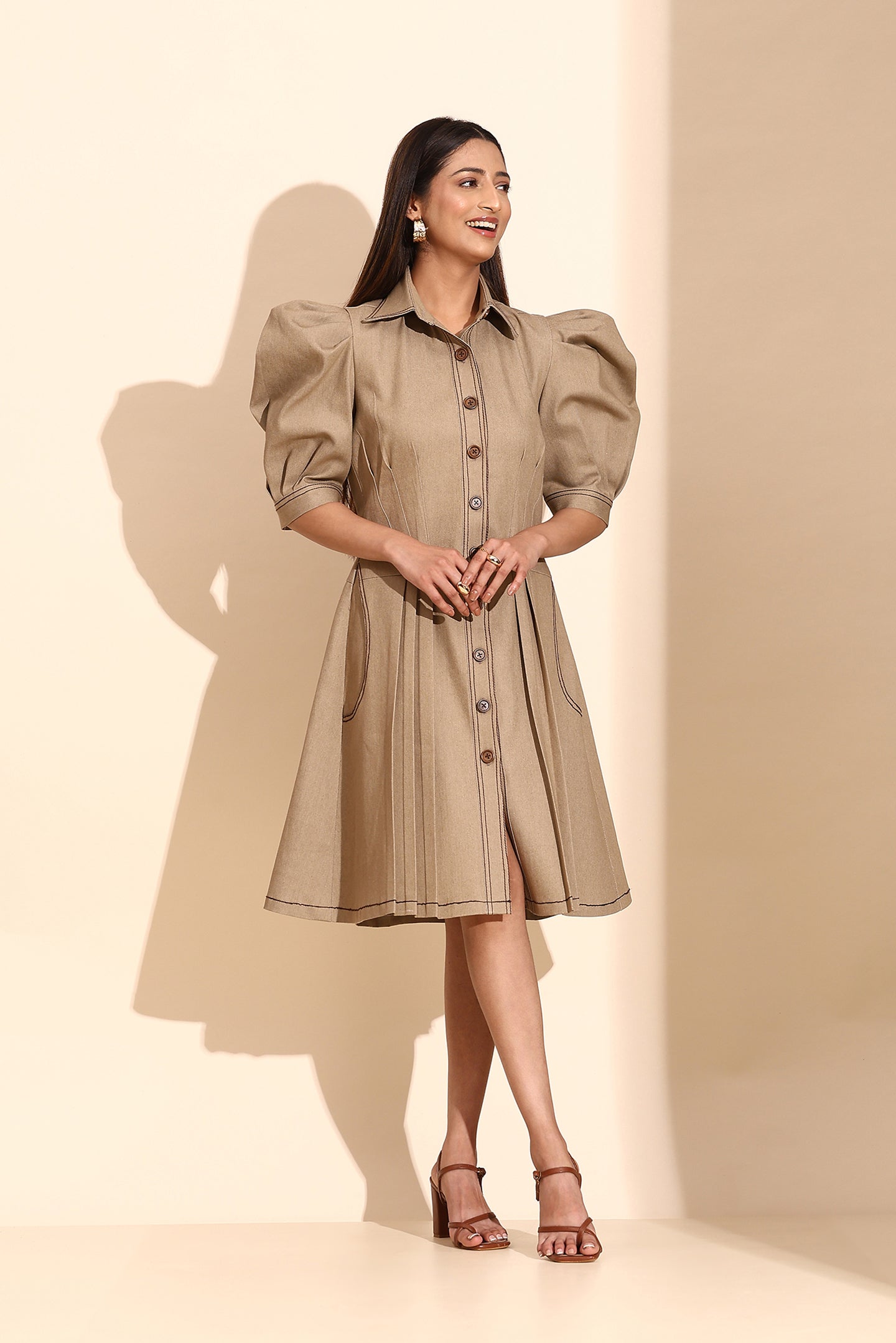 Beige Denim Pleated Short Dress