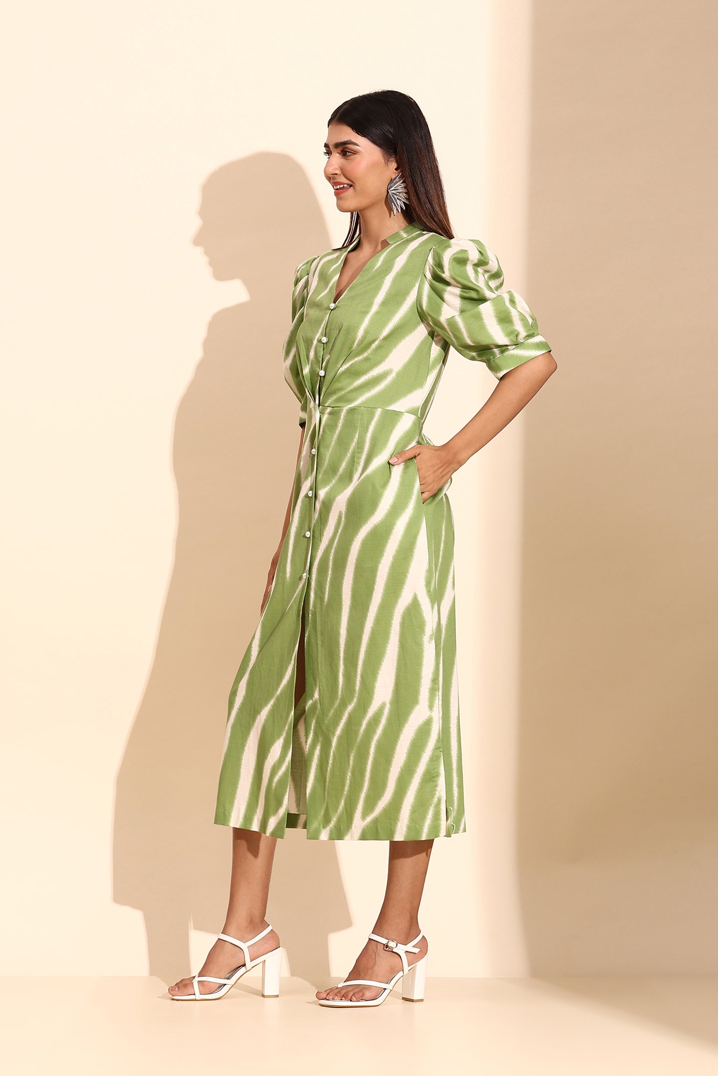Green & White Long Dress