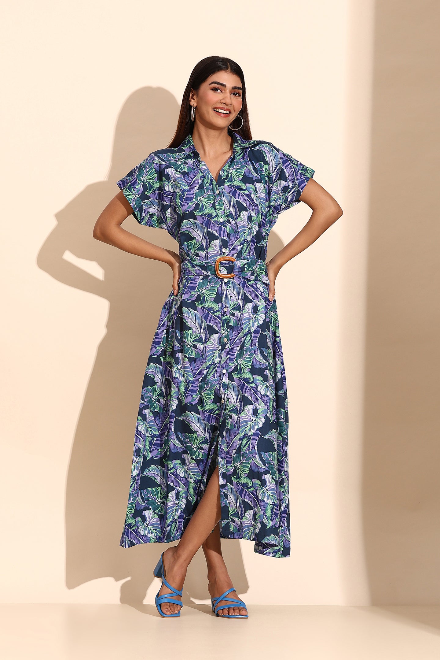 Tropical Bloom Belted Shirt Dress