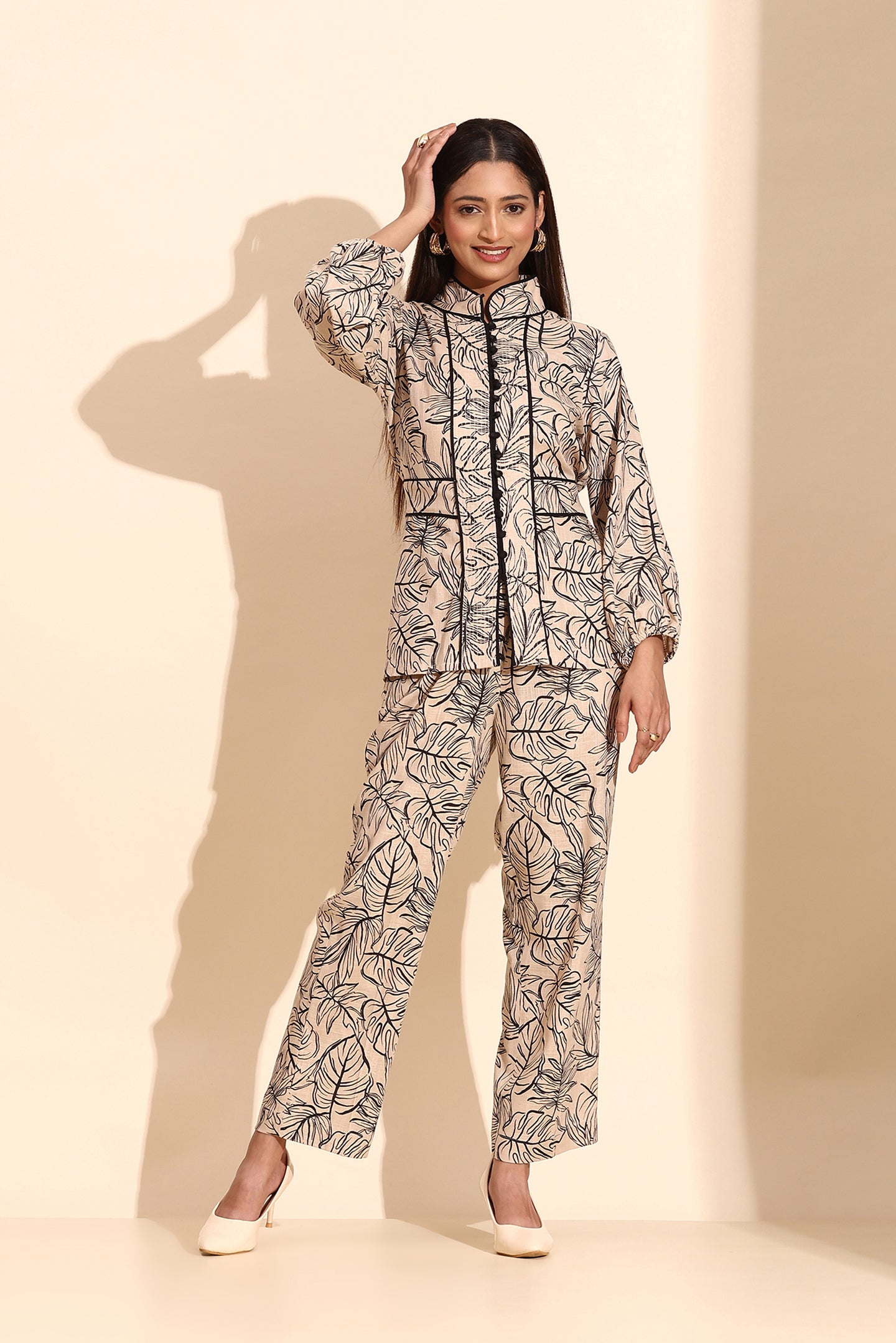 Beige With Black Abstract Print tailored Coord Set