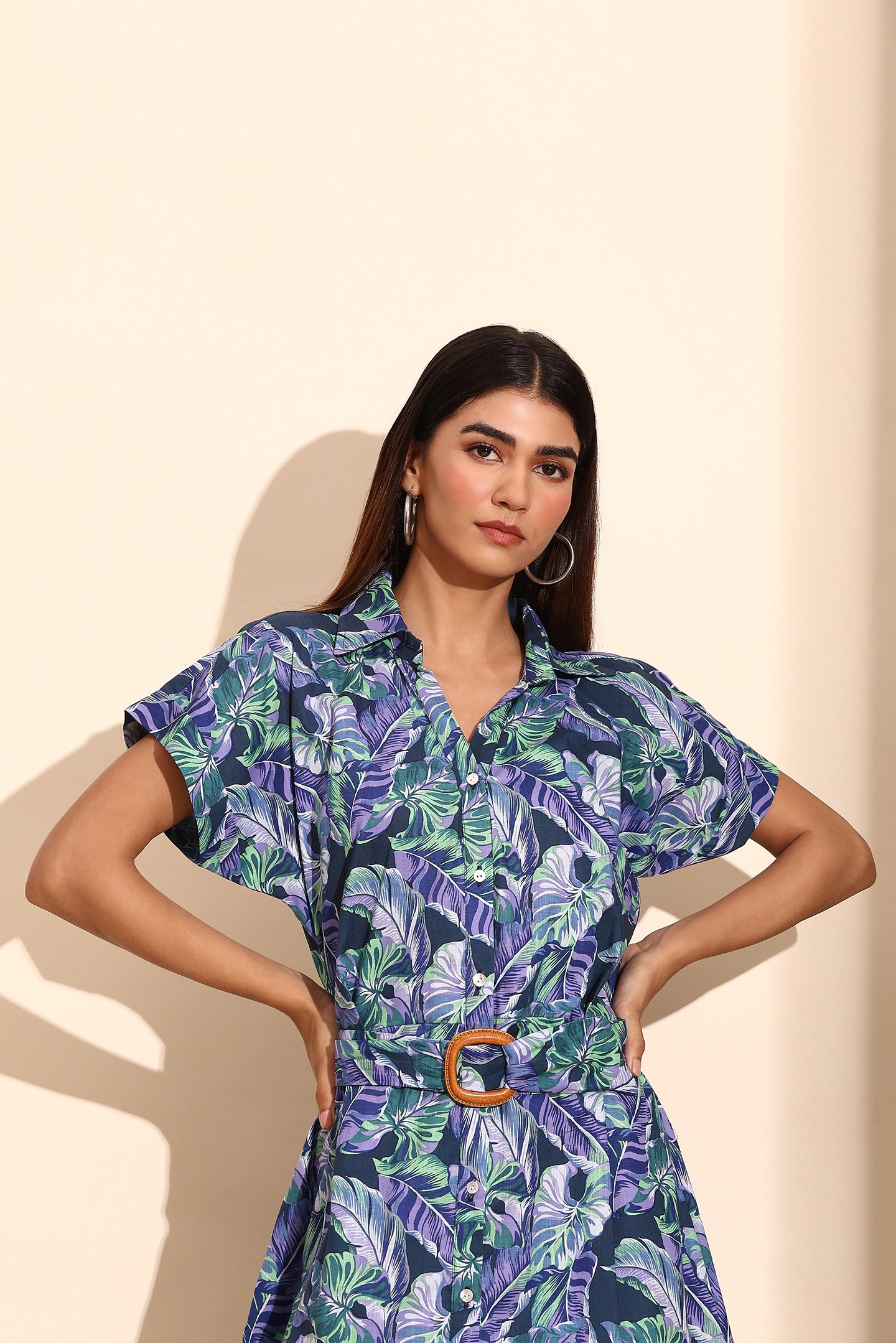 Tropical Bloom Belted Shirt Dress