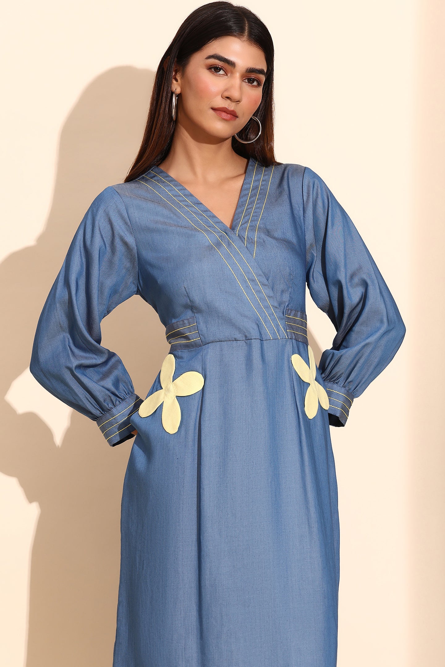 Blue Tencel Appliqué Midi Dress