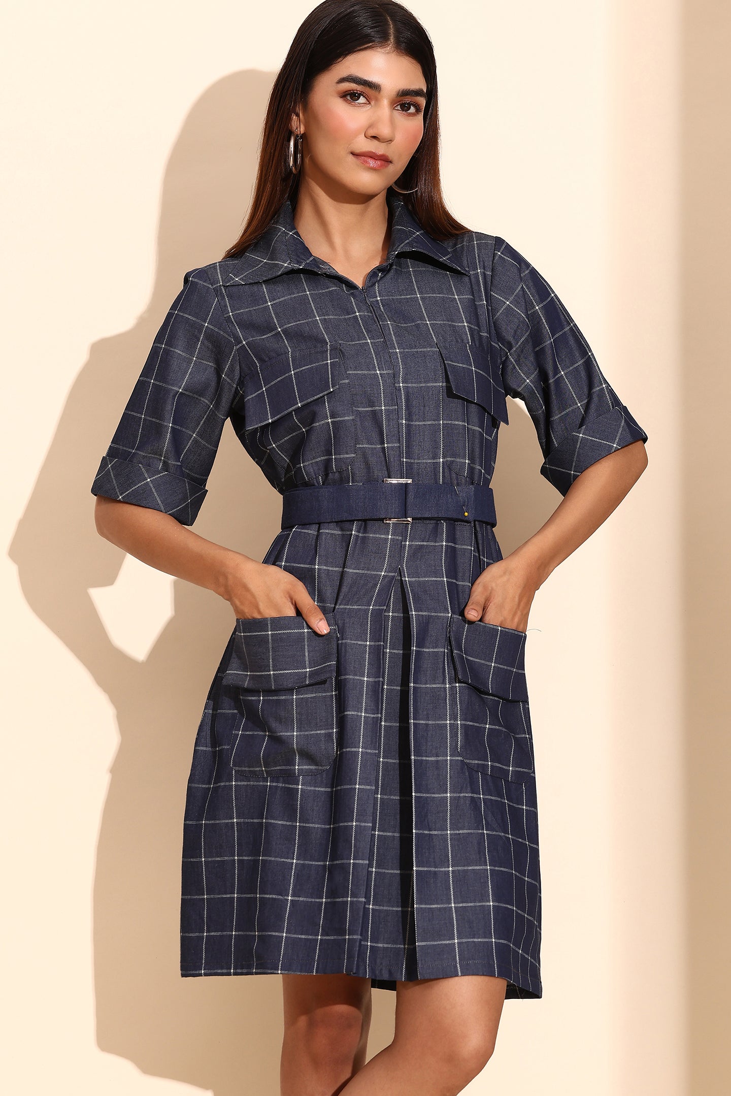 Navy Check Denim Short Dress