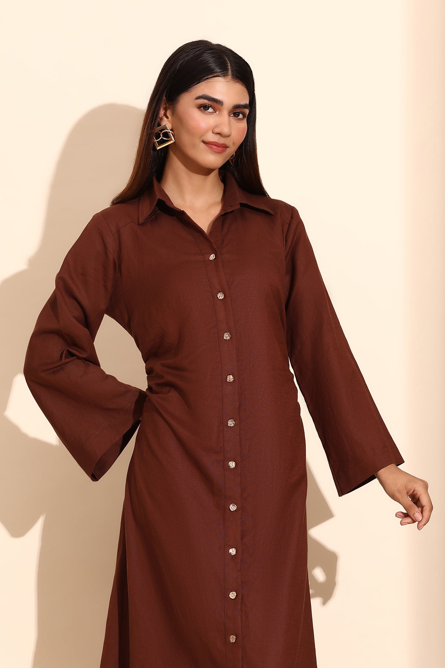 Mocha Flow Linen Shirt Dress