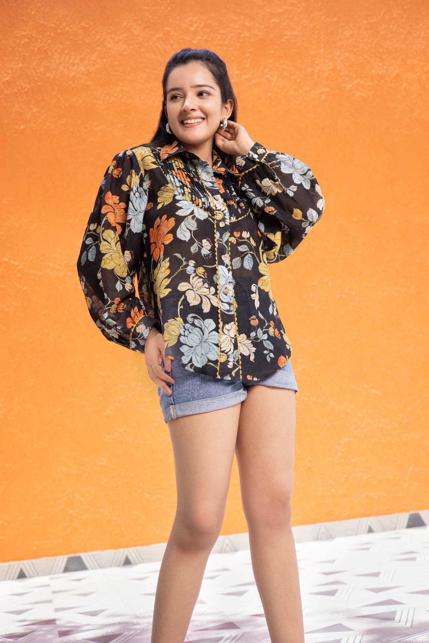 Black Floral Linen Shirt