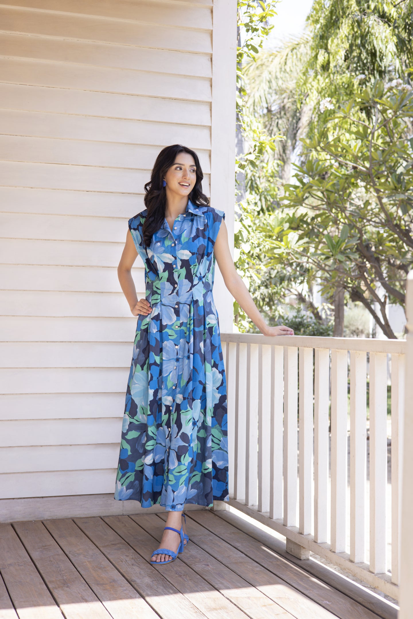 Blue Flora Pleated Long Dress