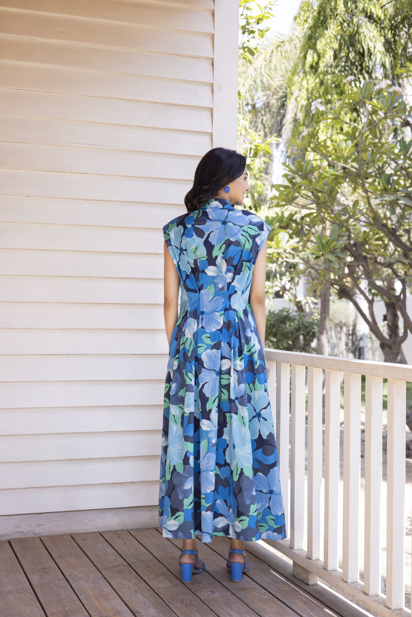 Blue Flora Pleated Long Dress