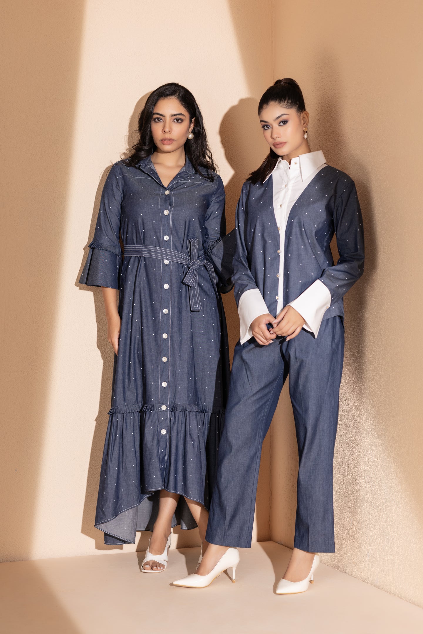 Elegant Denim Polka Dot Button Down Dress with Belt