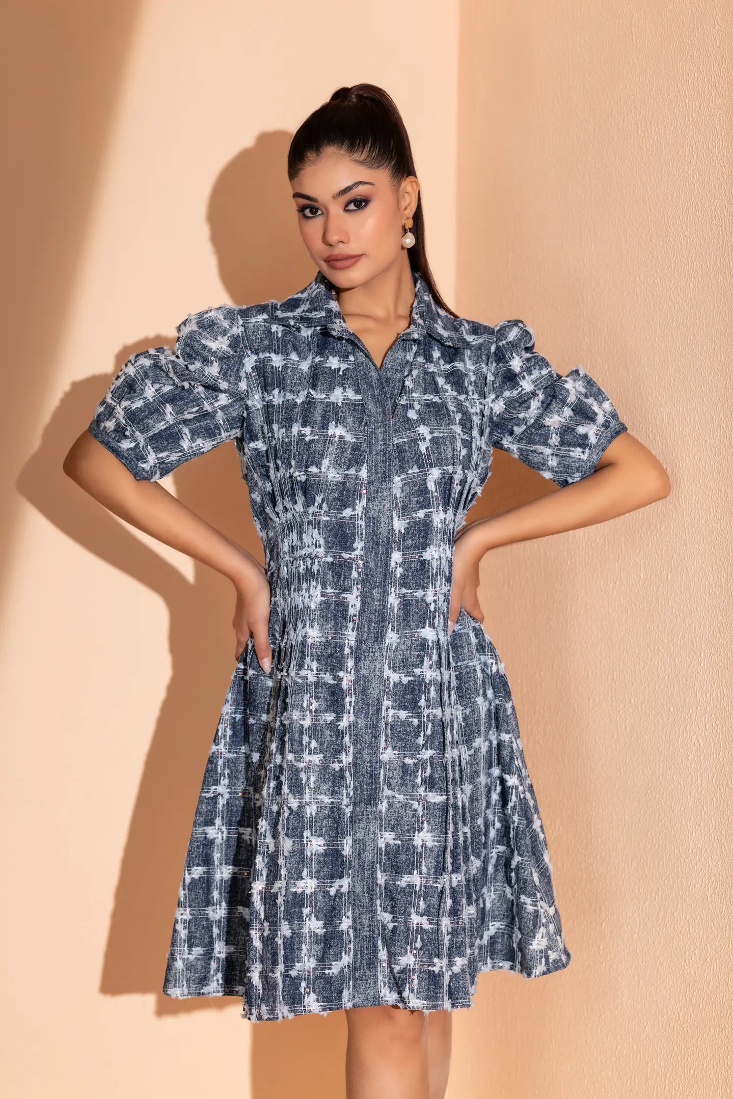 Embroidered Denim Pleated Short Dress