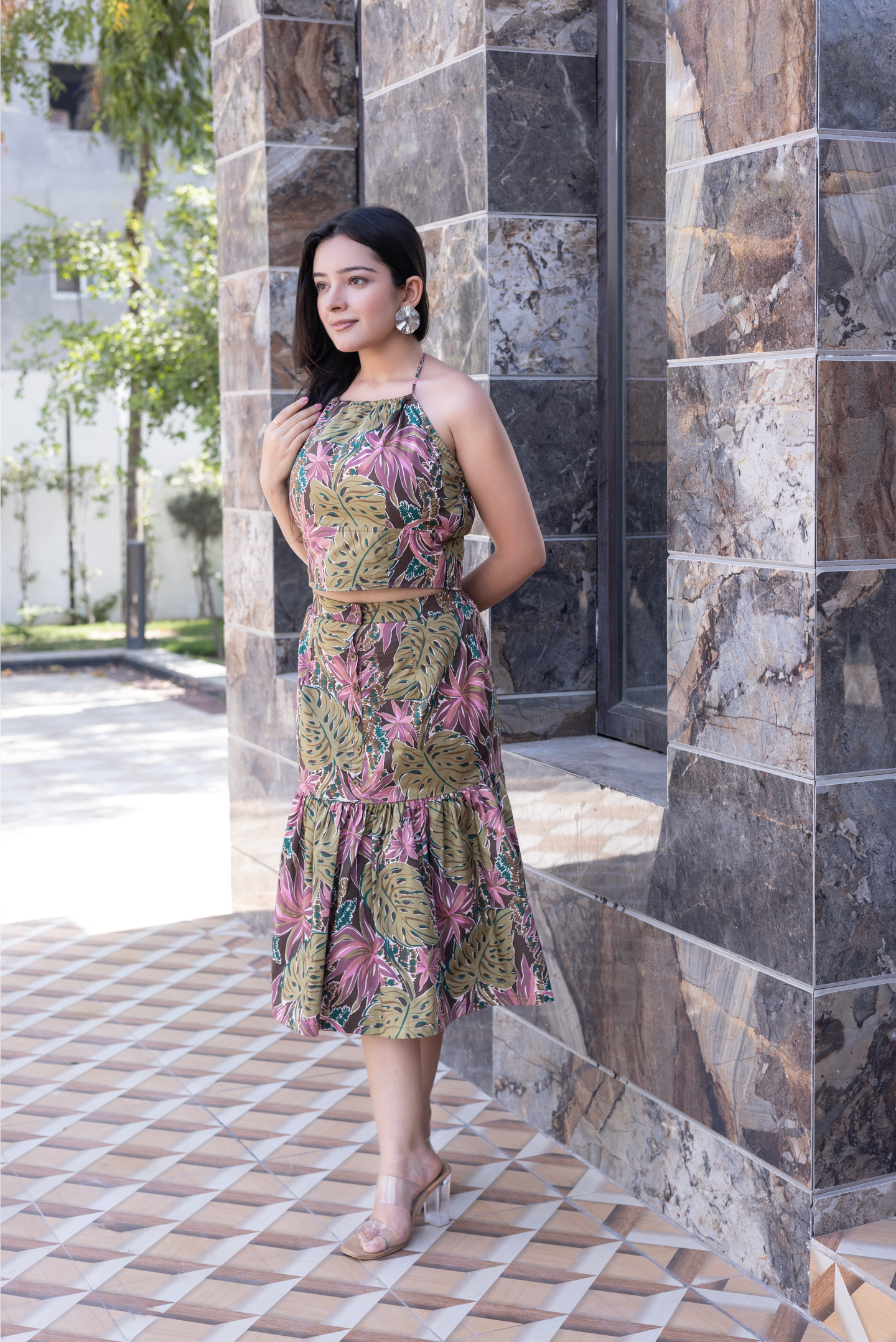 Green Flora Halter Neck Skirt Cord Set