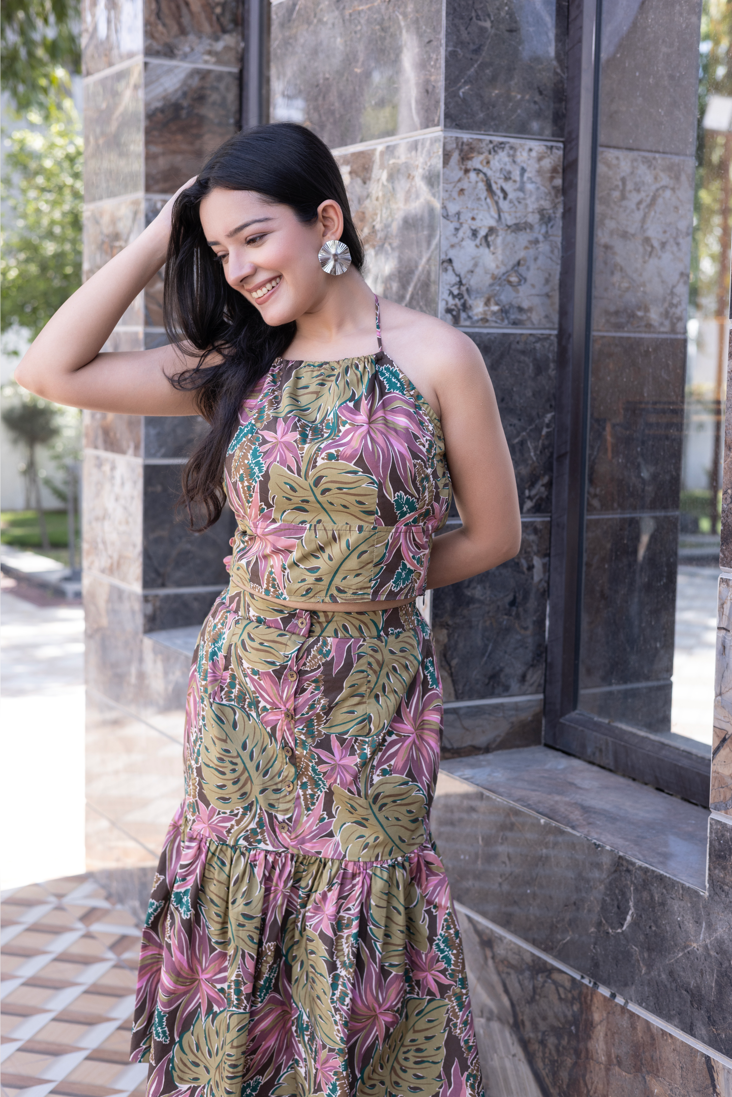 Green Flora Halter Neck Skirt Cord Set