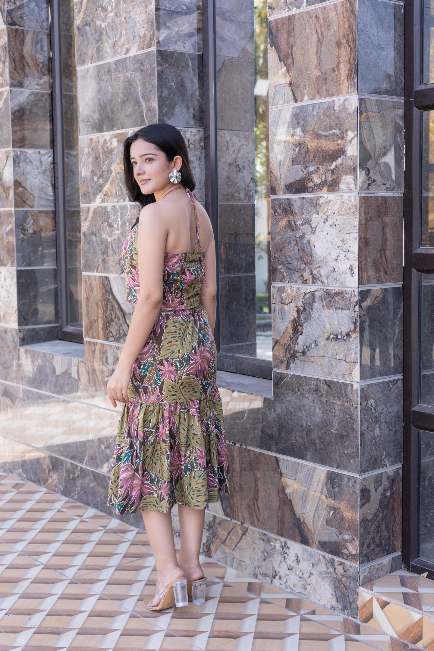 Green Flora Halter Neck Skirt Cord Set