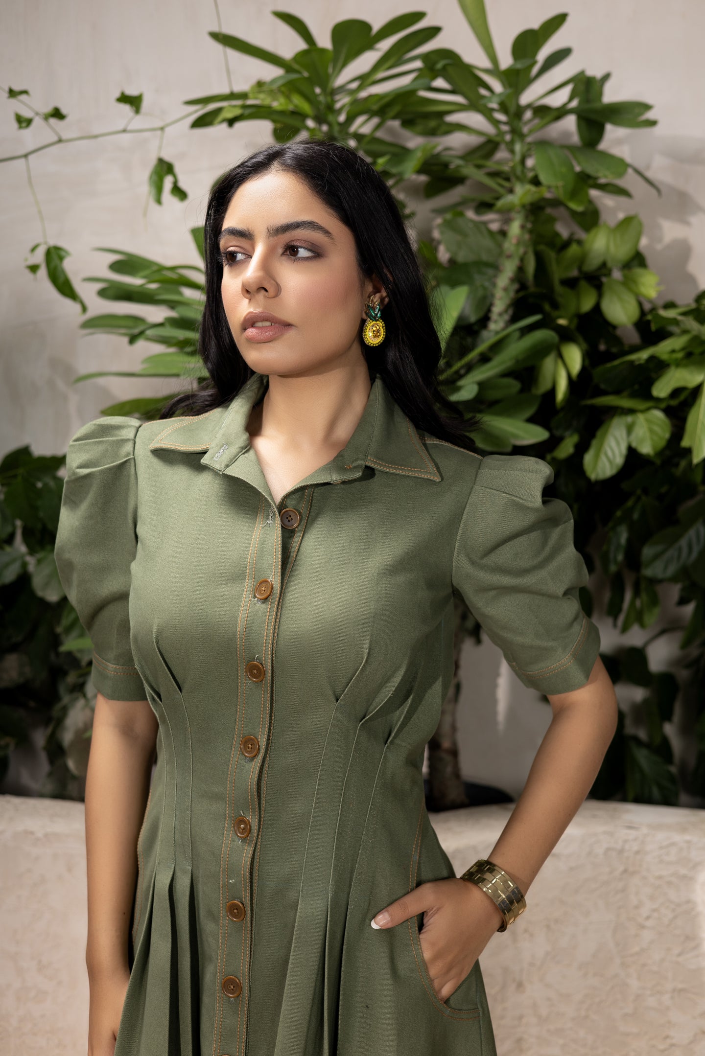 Green Denim Pleated Short Dress