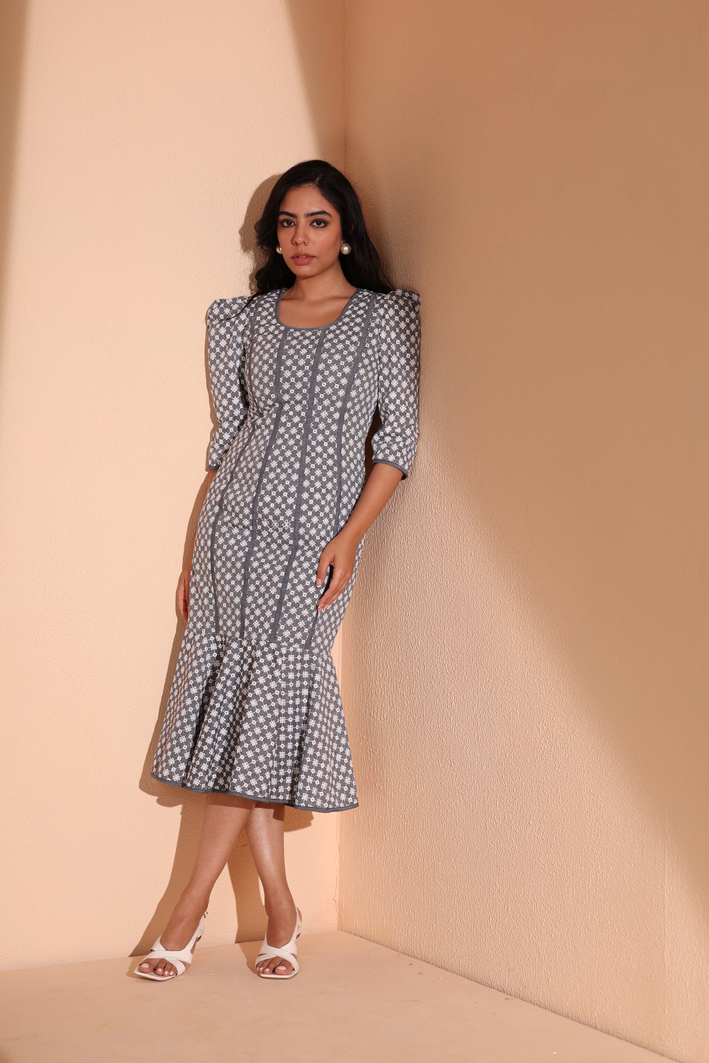 Grey Mermaid Trumpet Embroidered Denim Dress