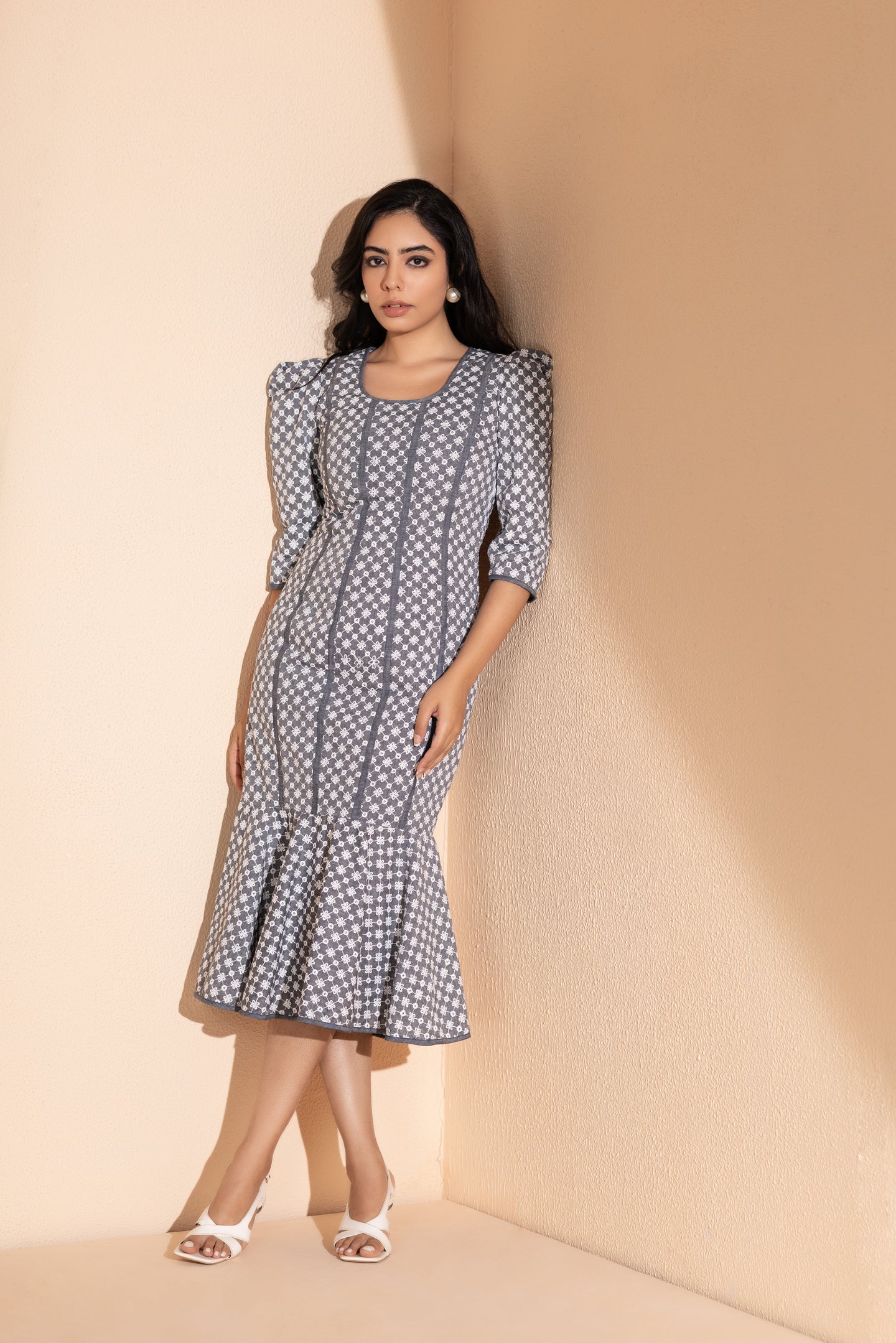 Grey Mermaid Trumpet Embroidered Denim Dress