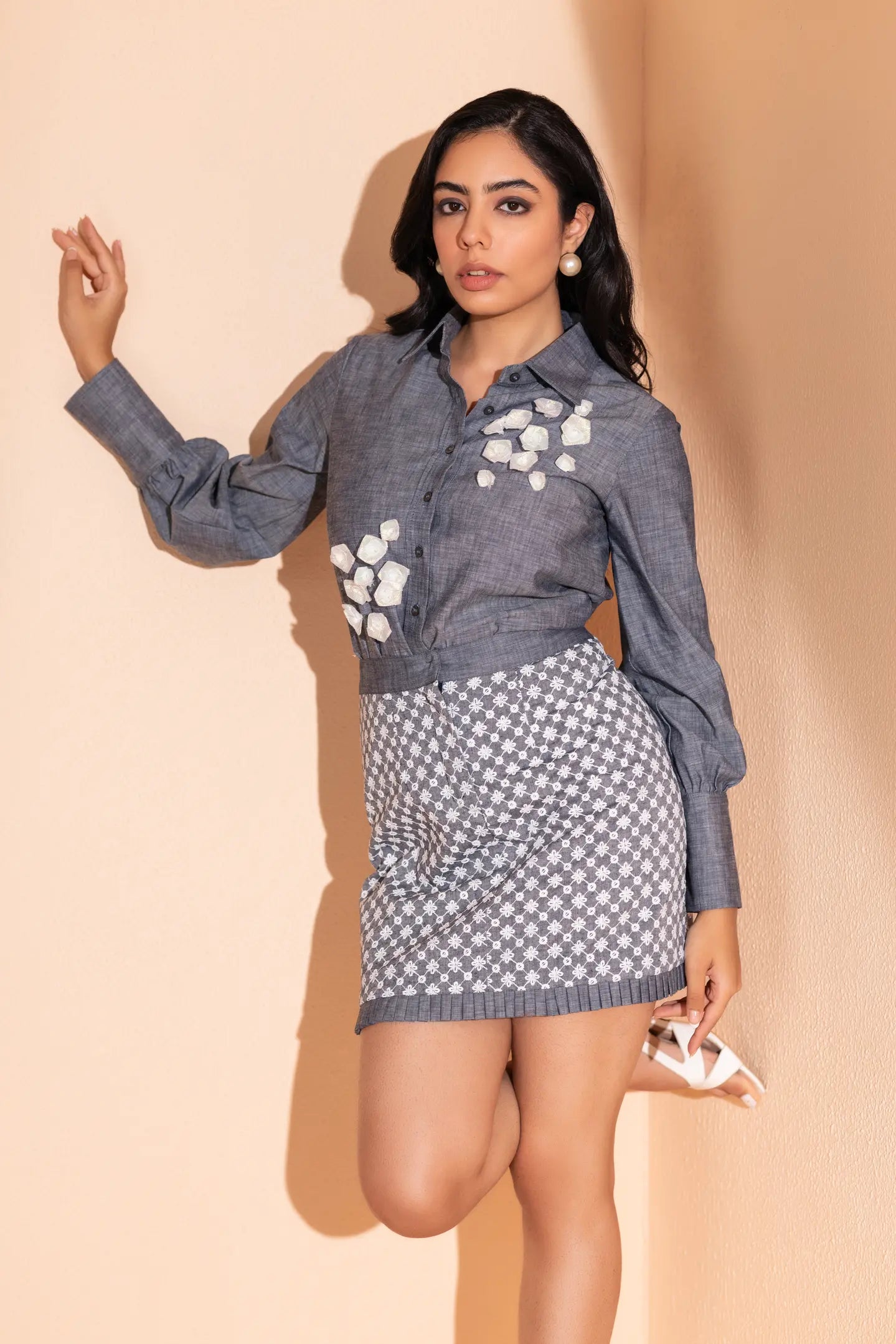 Embroidered Bloom Denim Skirt Coord Set