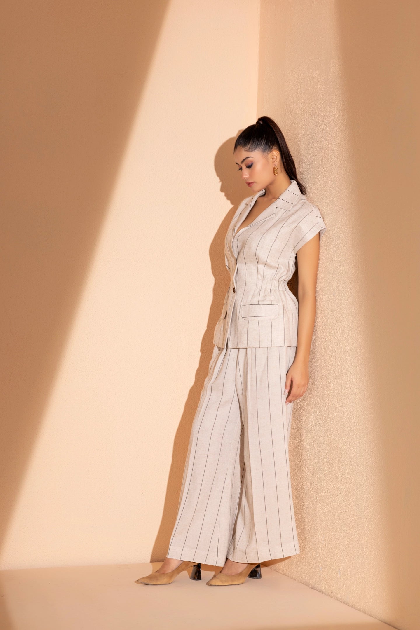 Beige Pinstripe Power Coord Set