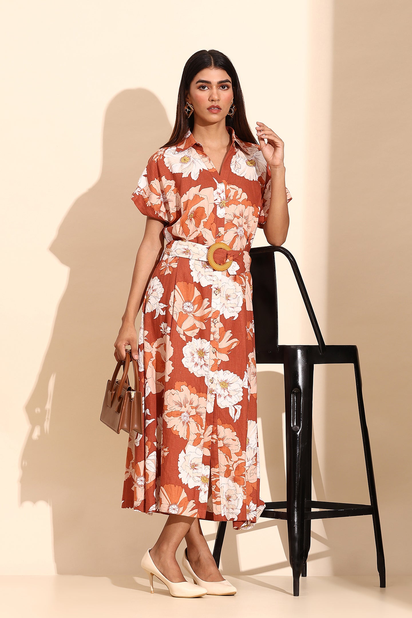 Earthy Floral Belted Shirt Dress