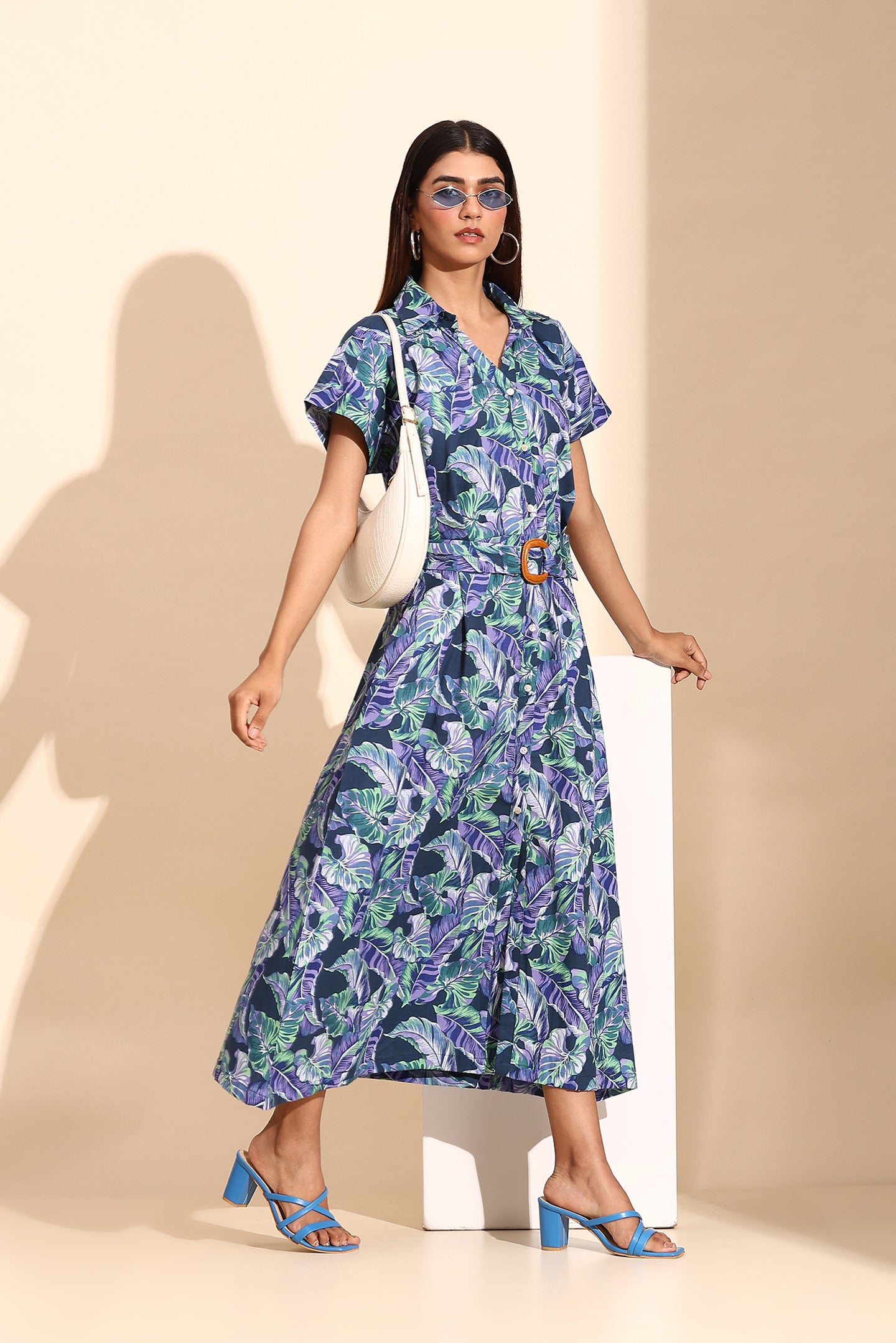 Tropical Bloom Belted Shirt Dress